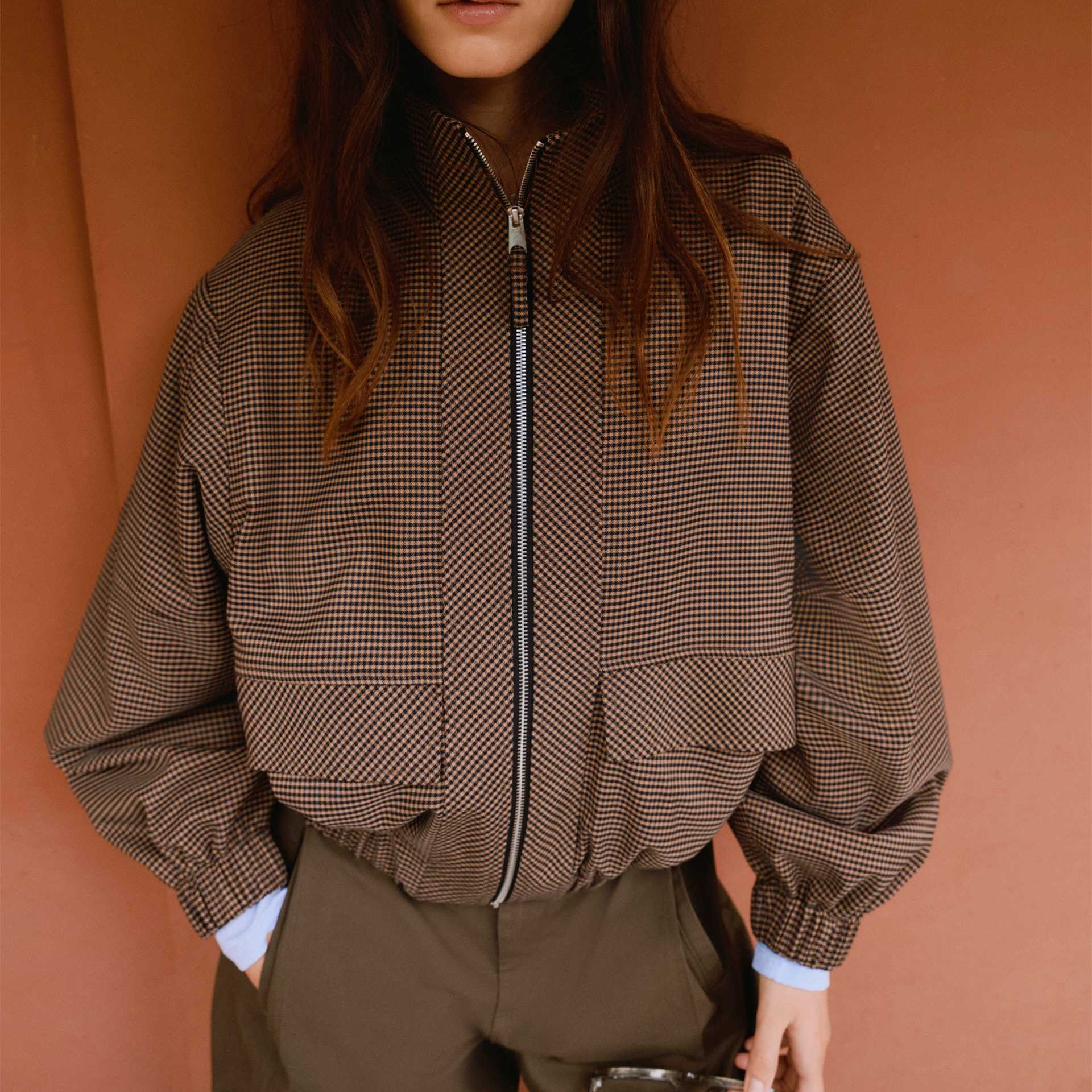 Checked Funnel Neck Jacket