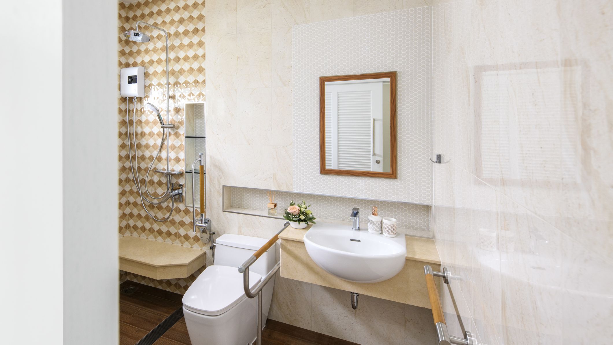 An attractive bathroom that has been fitted with aging-in-place features, such as grab rails and a seated shower.