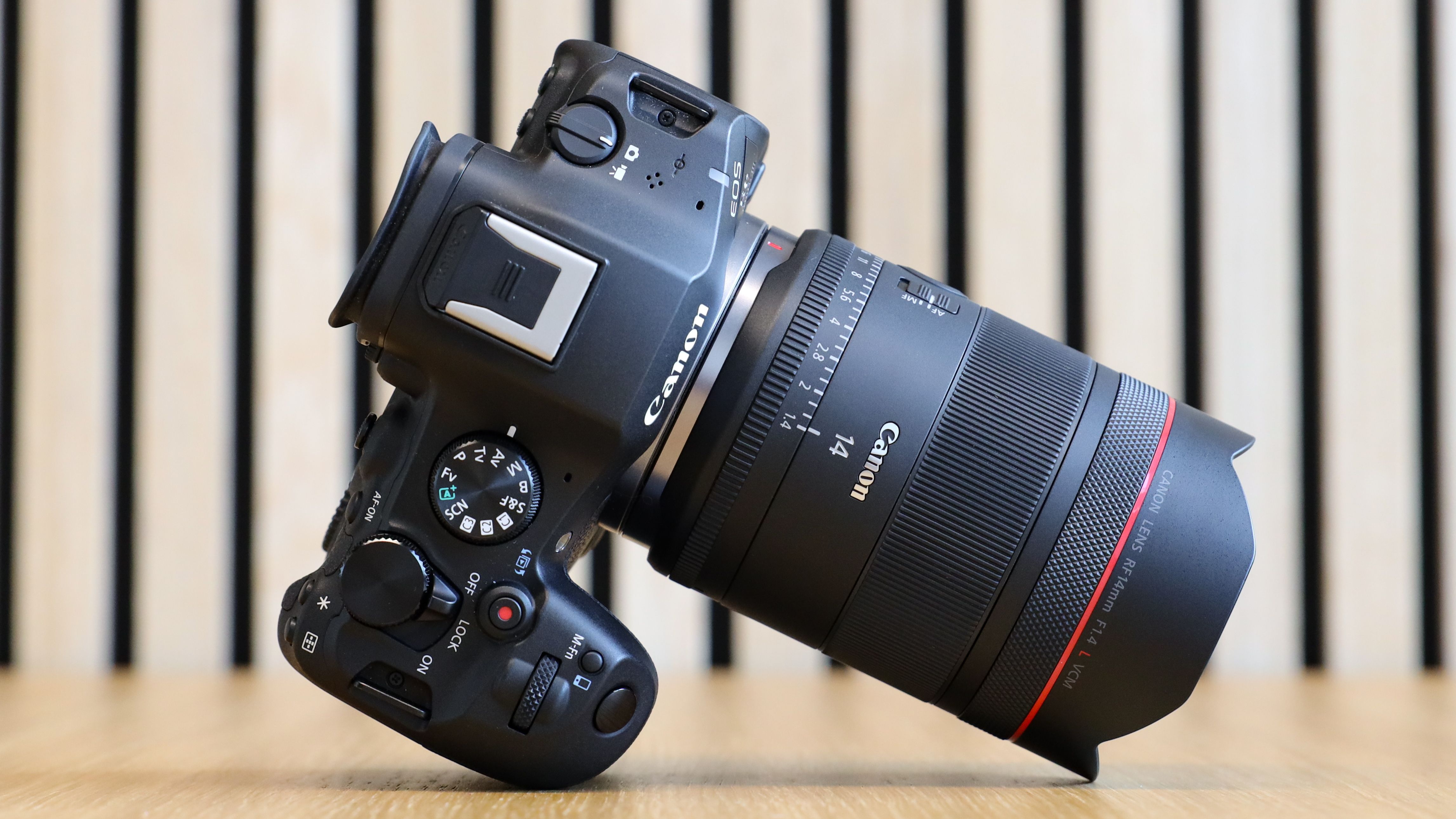 Canon EOS R6 Mark III camera with Canon RF 14mm f/1.4L VCM lens attached, on a wooden table