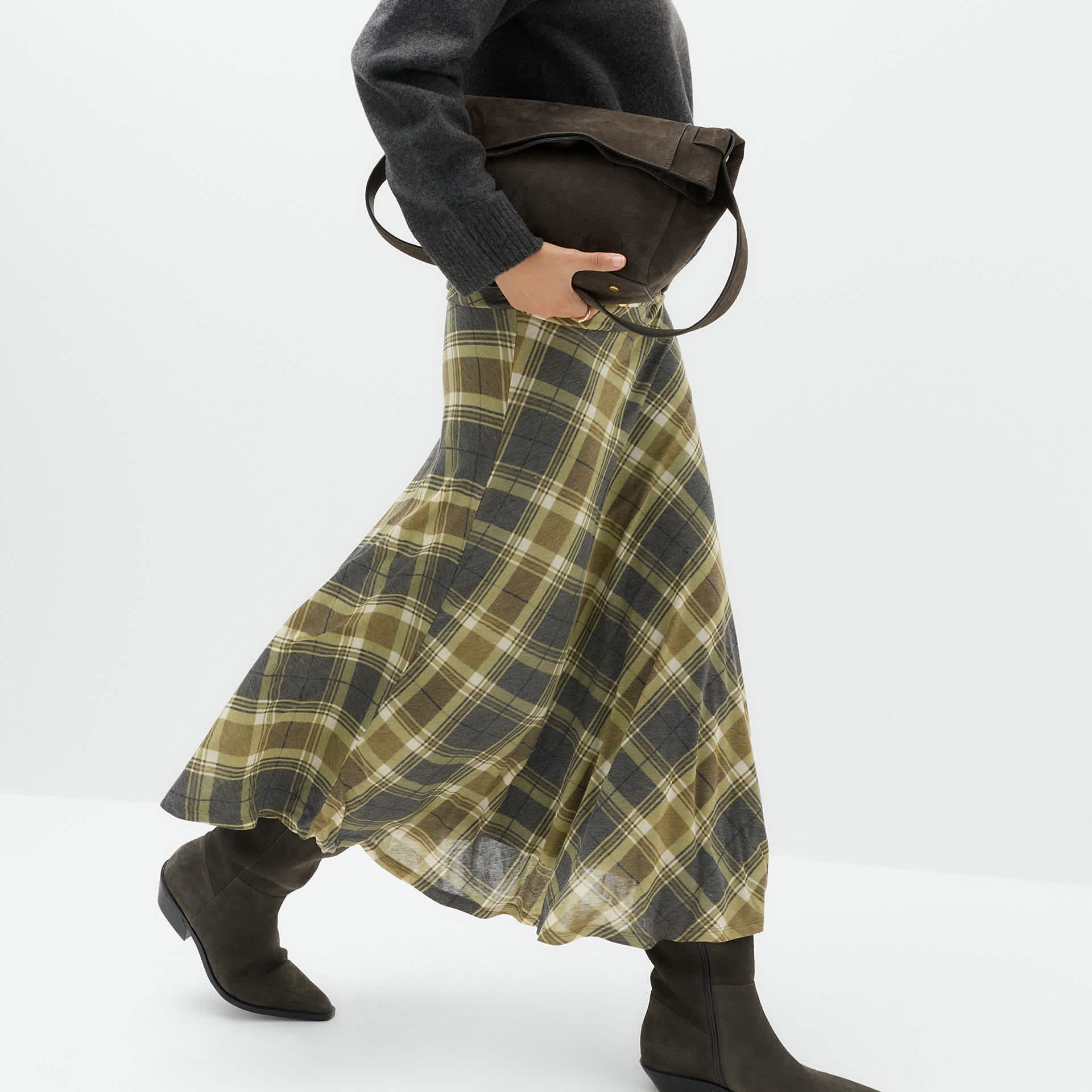 Lyocell Blend Checked Ruched Midi A-Line Skirt