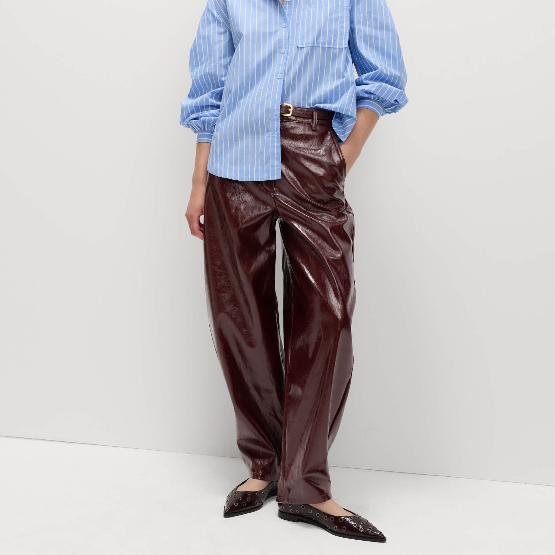 Leather Look Textured Barrel Leg Trousers