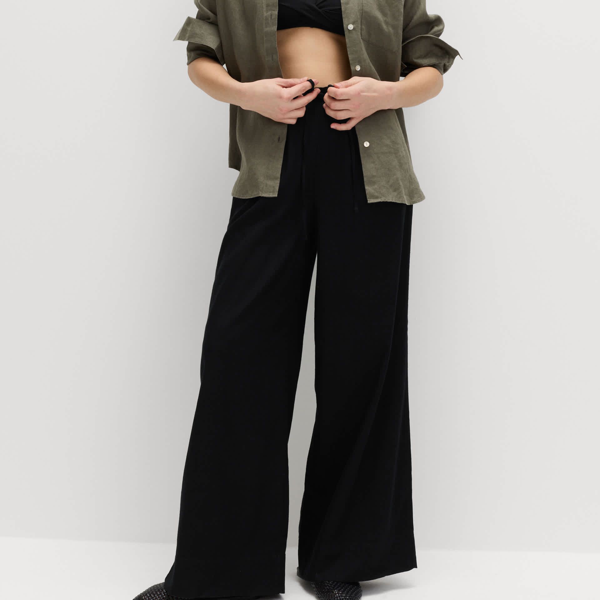 Linen Rich Drawstring Wide Leg Trousers
