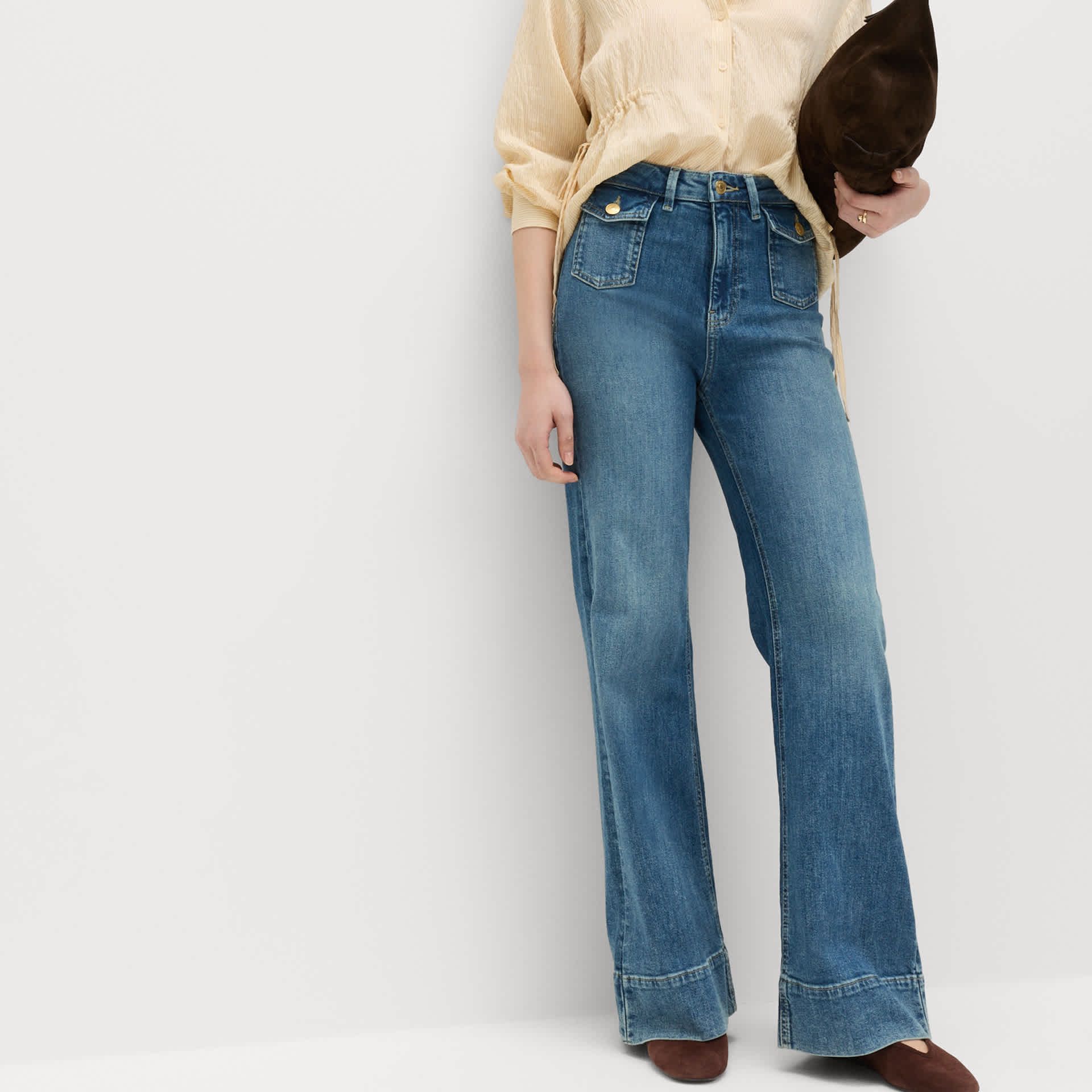 High Waisted Patch Pocket Flared Jeans