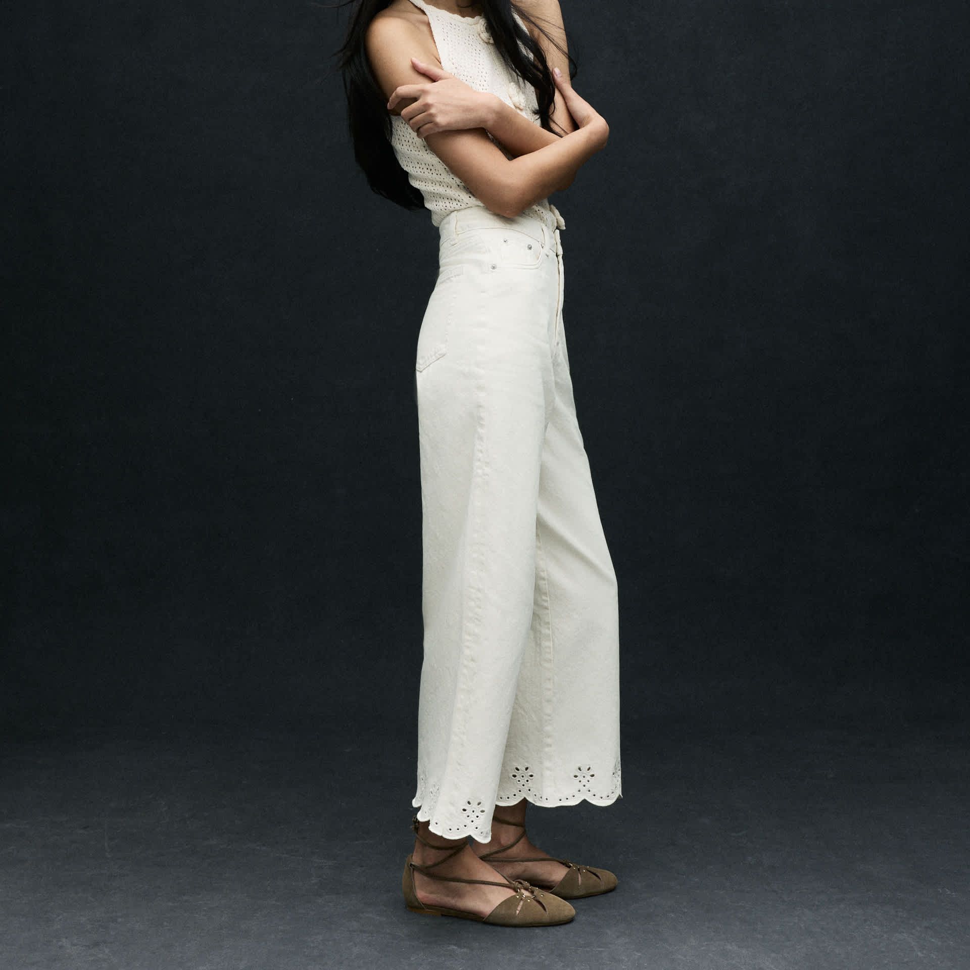 High Waisted Broderie Wide Leg Cropped Jeans