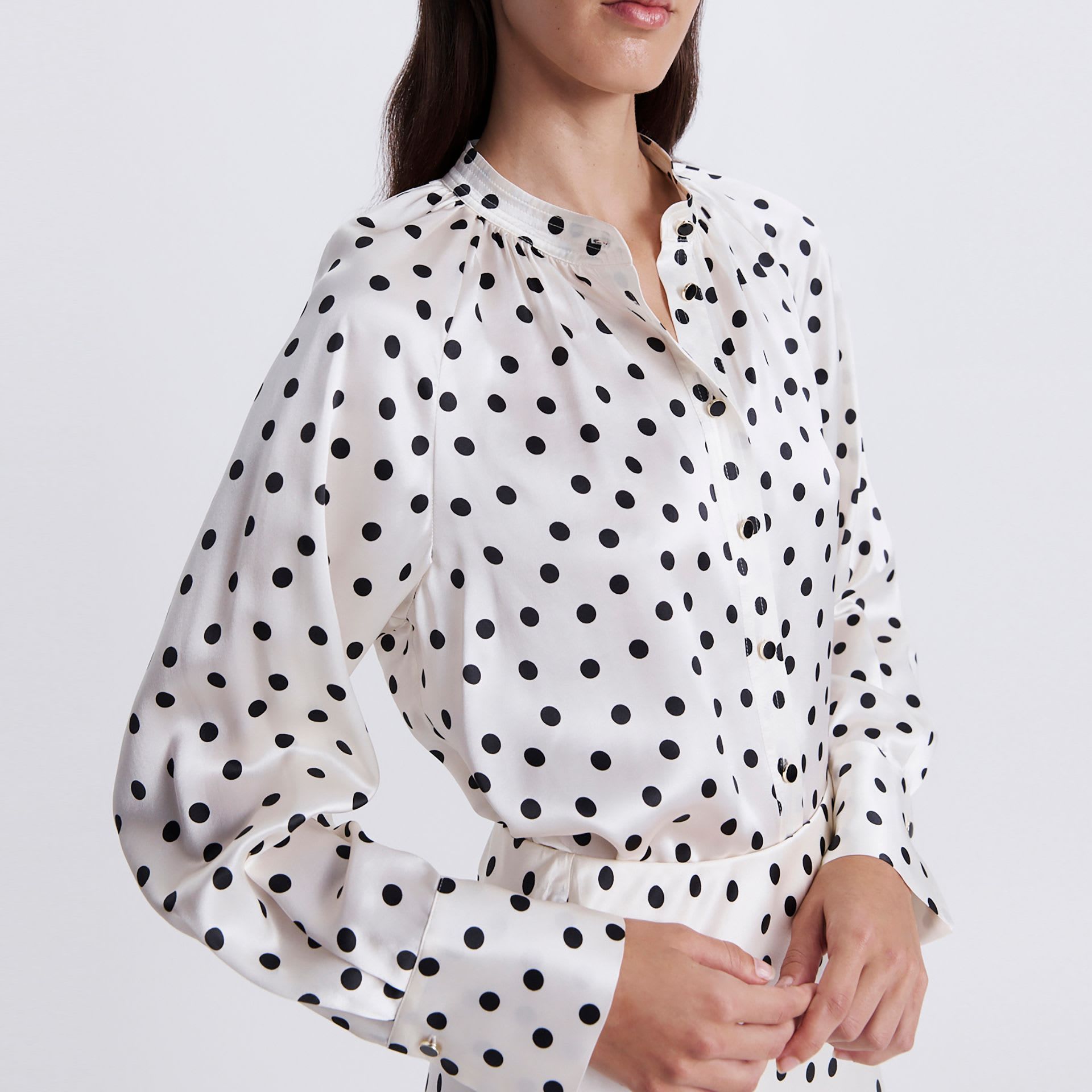 Pure Silk Polka Dot High Neck Blouse