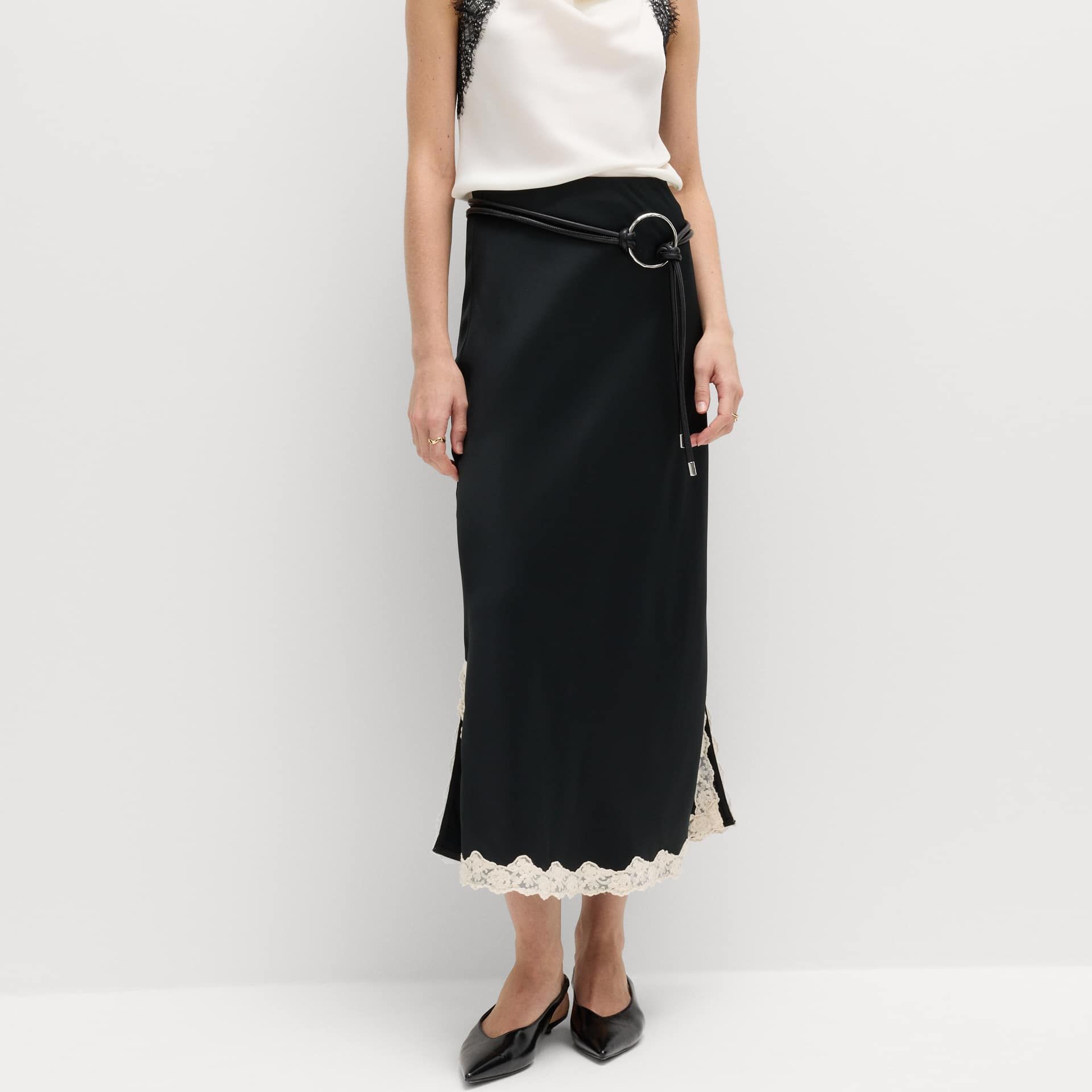 Satin Lace Trim Midi Slip Skirt
