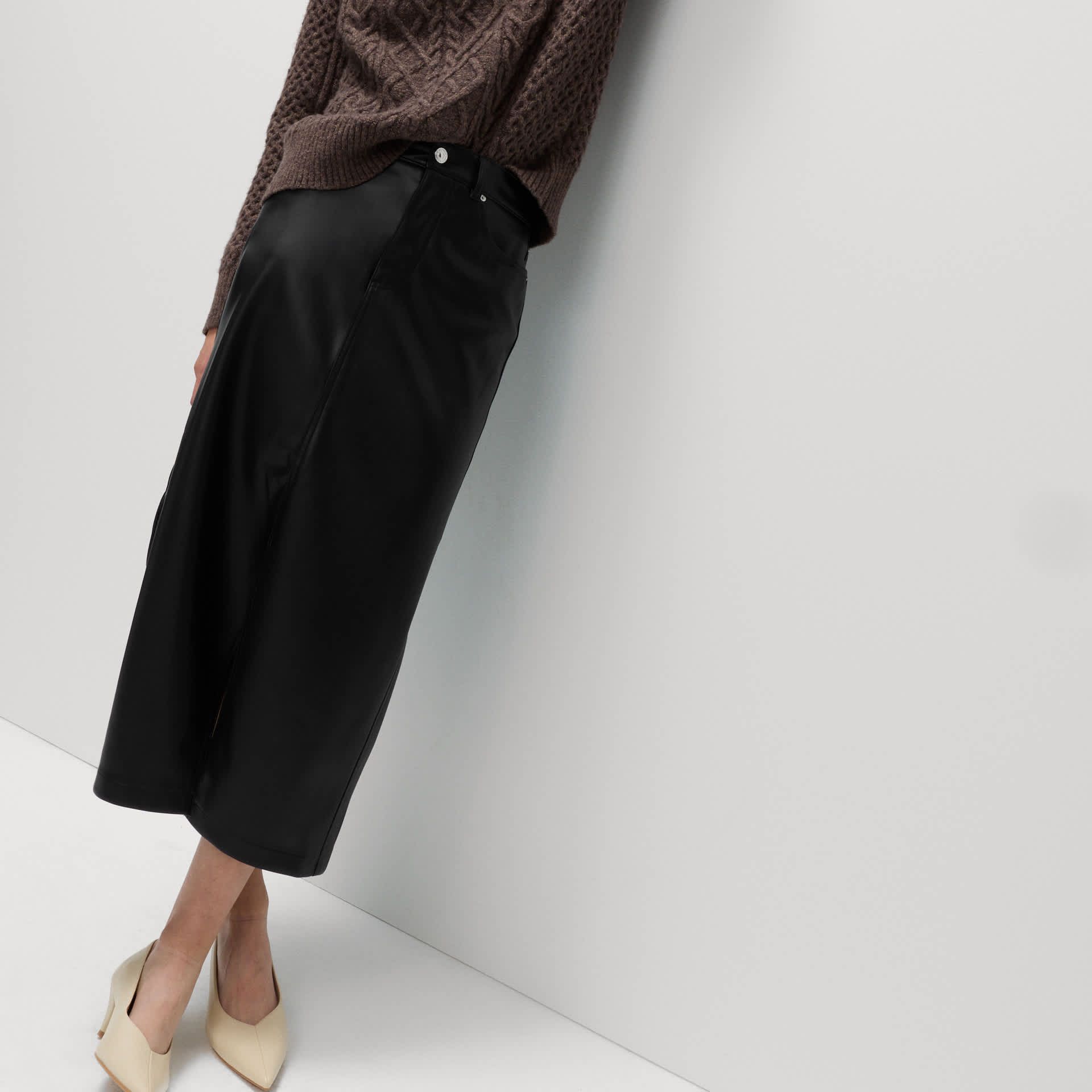 Faux Leather Midi Split Front A-Line Skirt