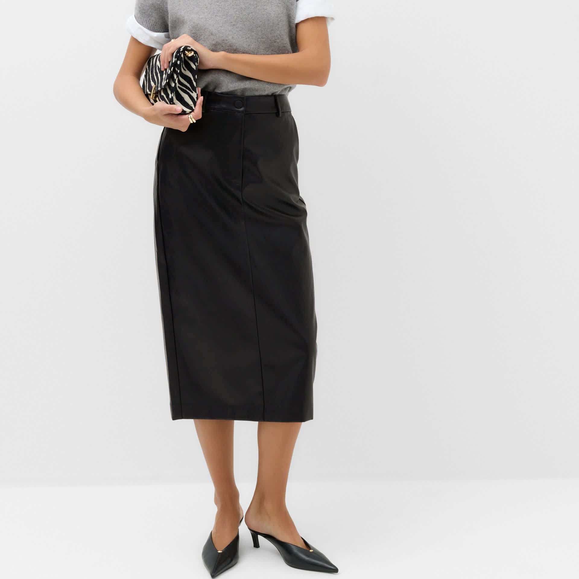 Leather Look Split Back Midi Skirt