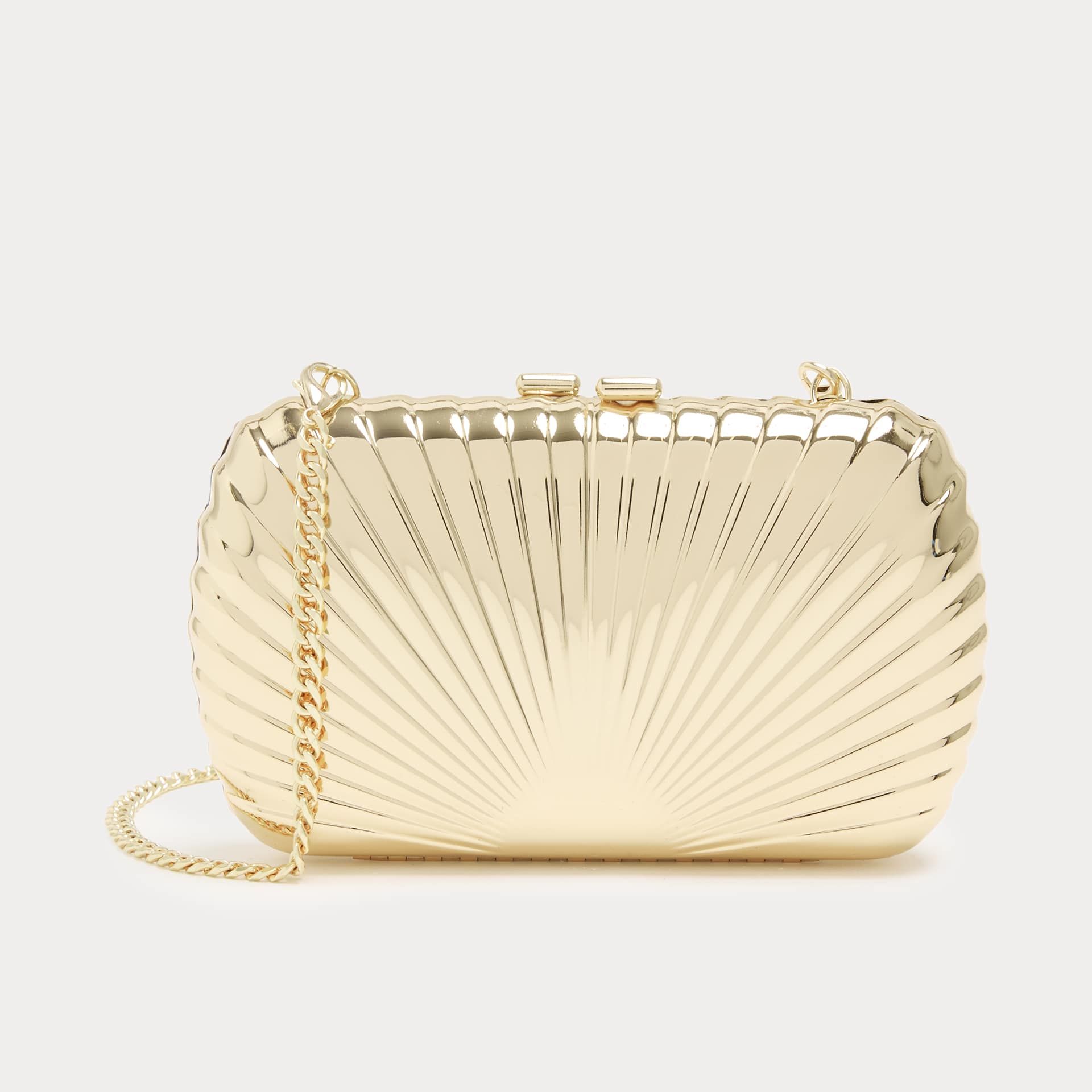 Gold Textured Chain Strap Clutch Bag