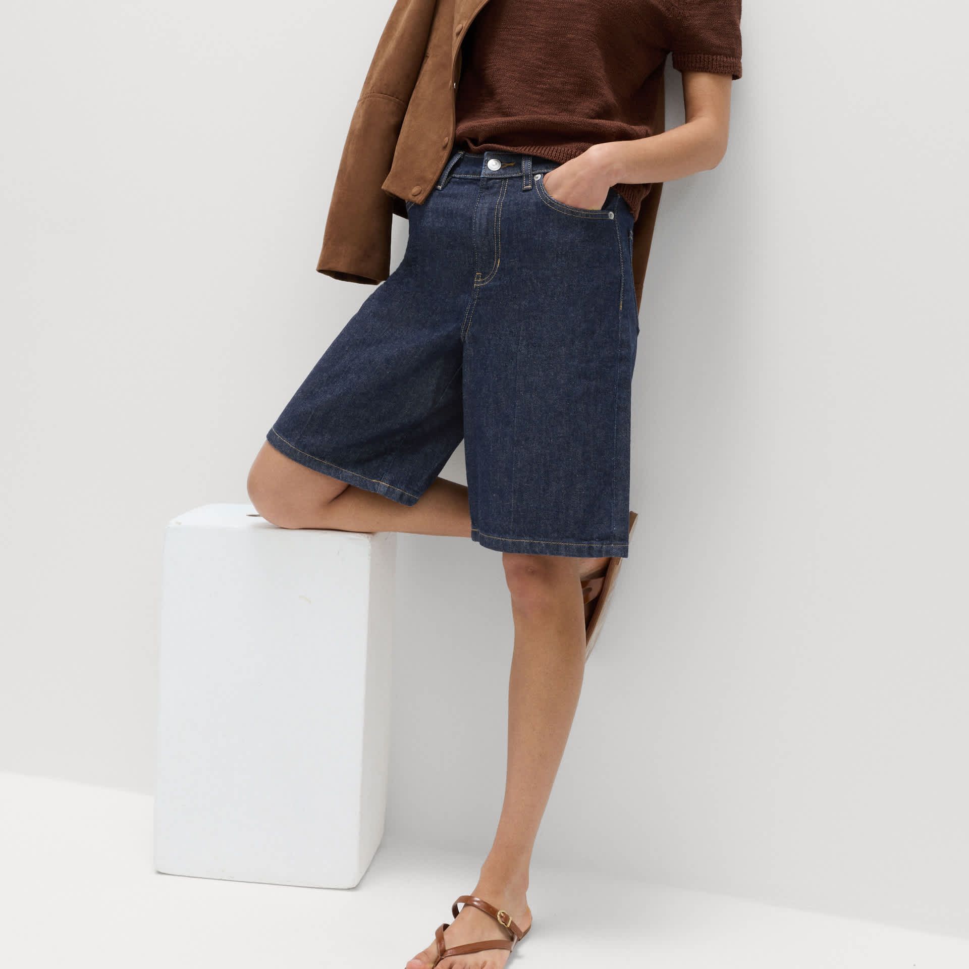 Denim High Waisted Jorts With Linen