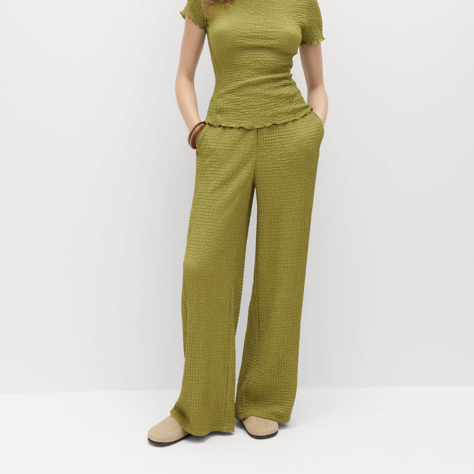 Textured Pull on Wide Leg Trousers