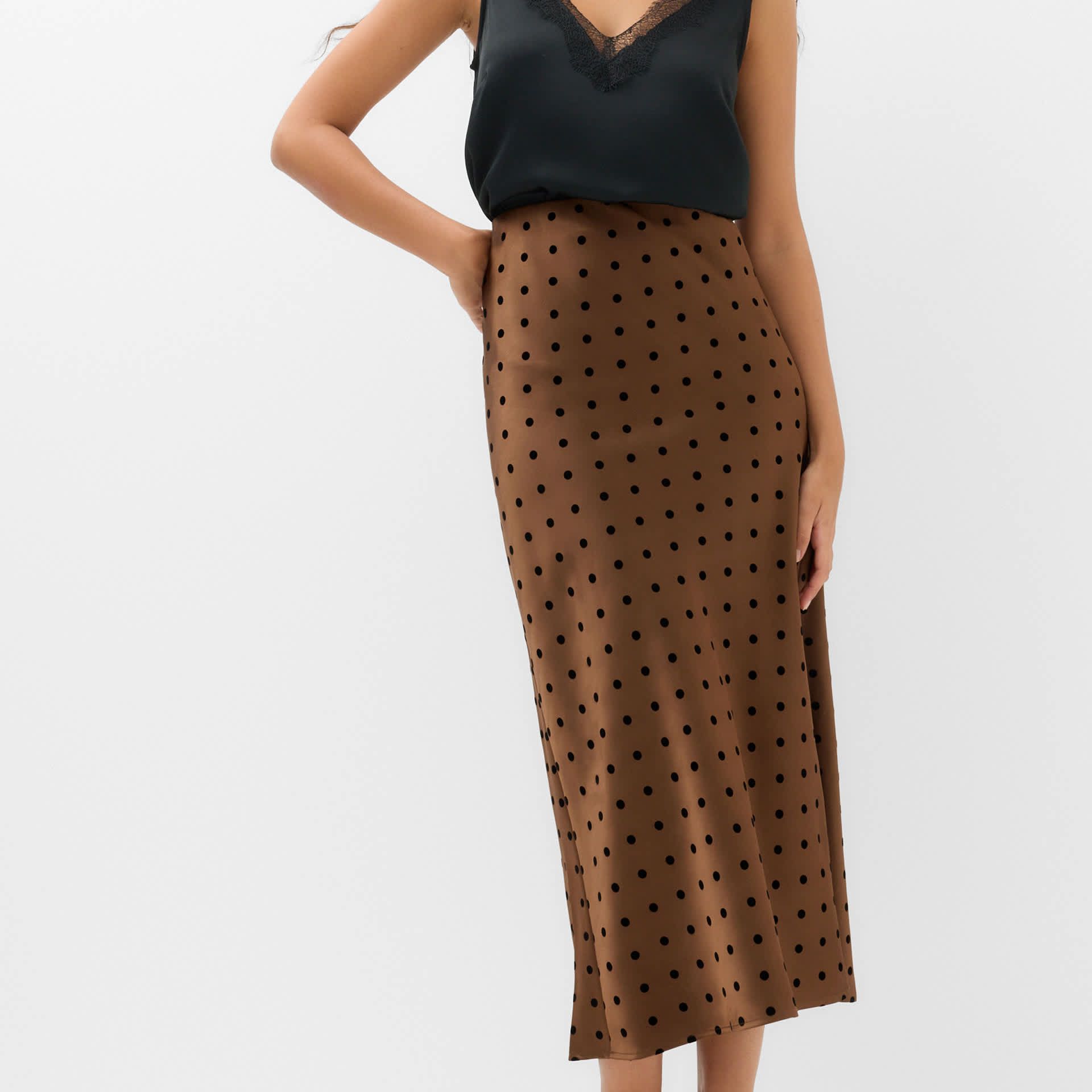 Satin Polka Dot Midi Slip Skirt