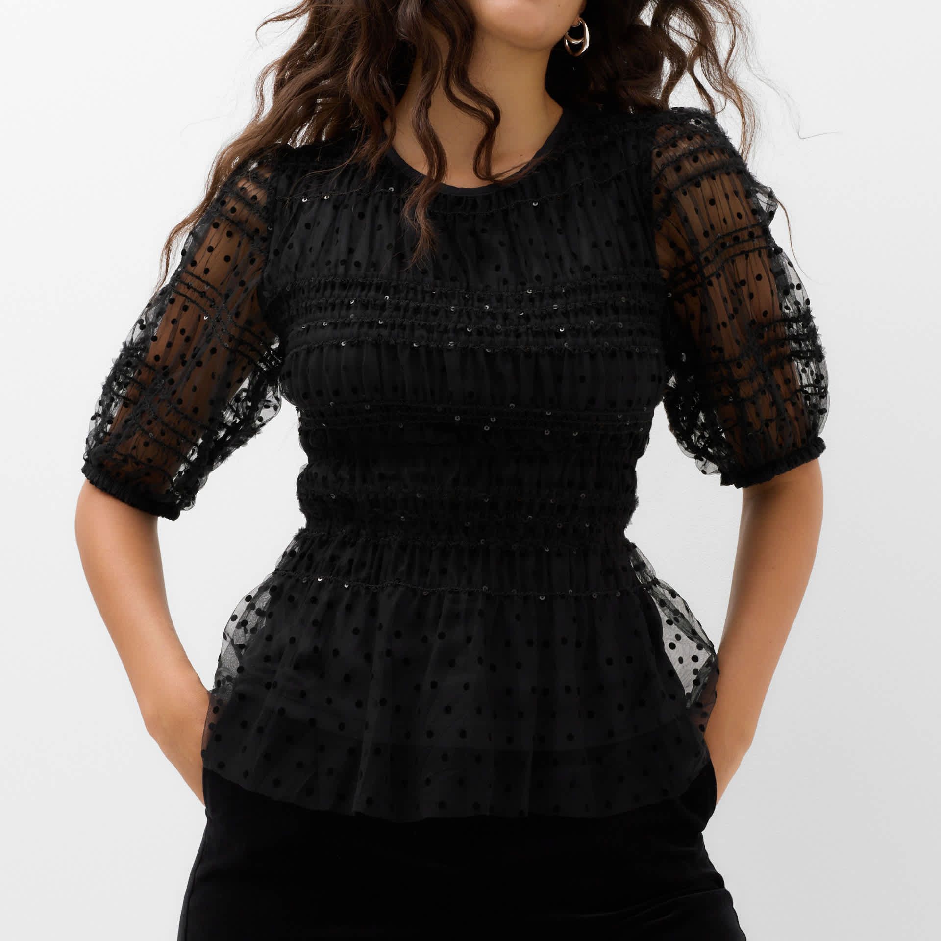 Sequin Shirred Puff Sleeve Peplum Top