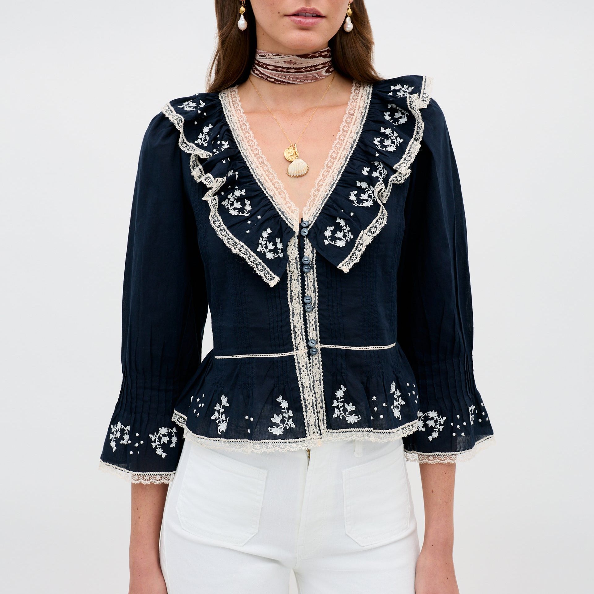 Solene Embroidered Cotton Blouse in Flower Trail Embroidery Navy
