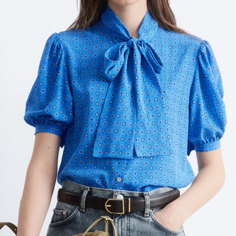 Printed Tie-Neck Silk Blouse