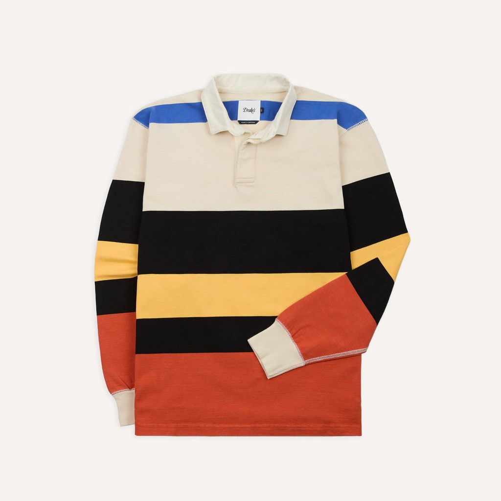 Ecru, Black and Orange Multi Stripe Cotton Rugby Shirt