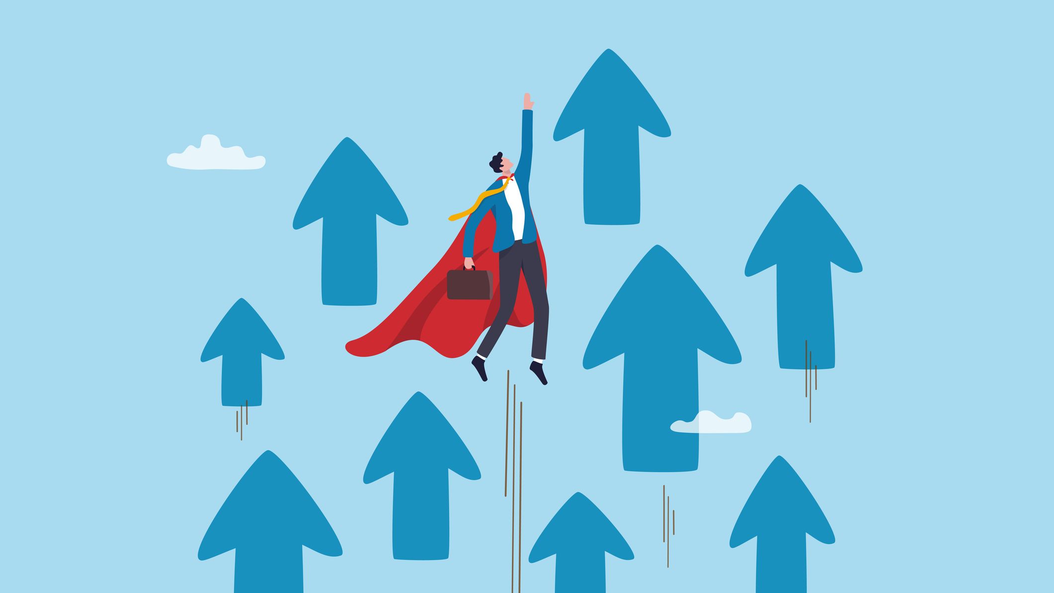 Businessman superhero flying up with rising arrow.