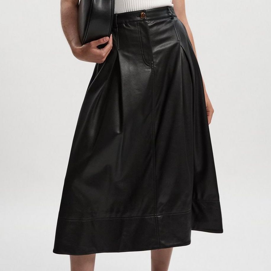 Faux Leather Tailored Full Midi Skirt