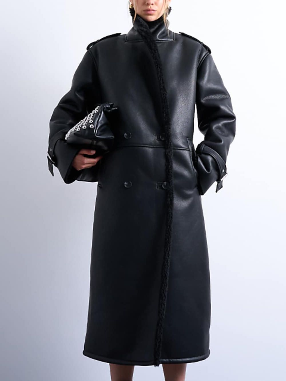 Topshop Longline Oversized Aviator Teddy Coat in Black