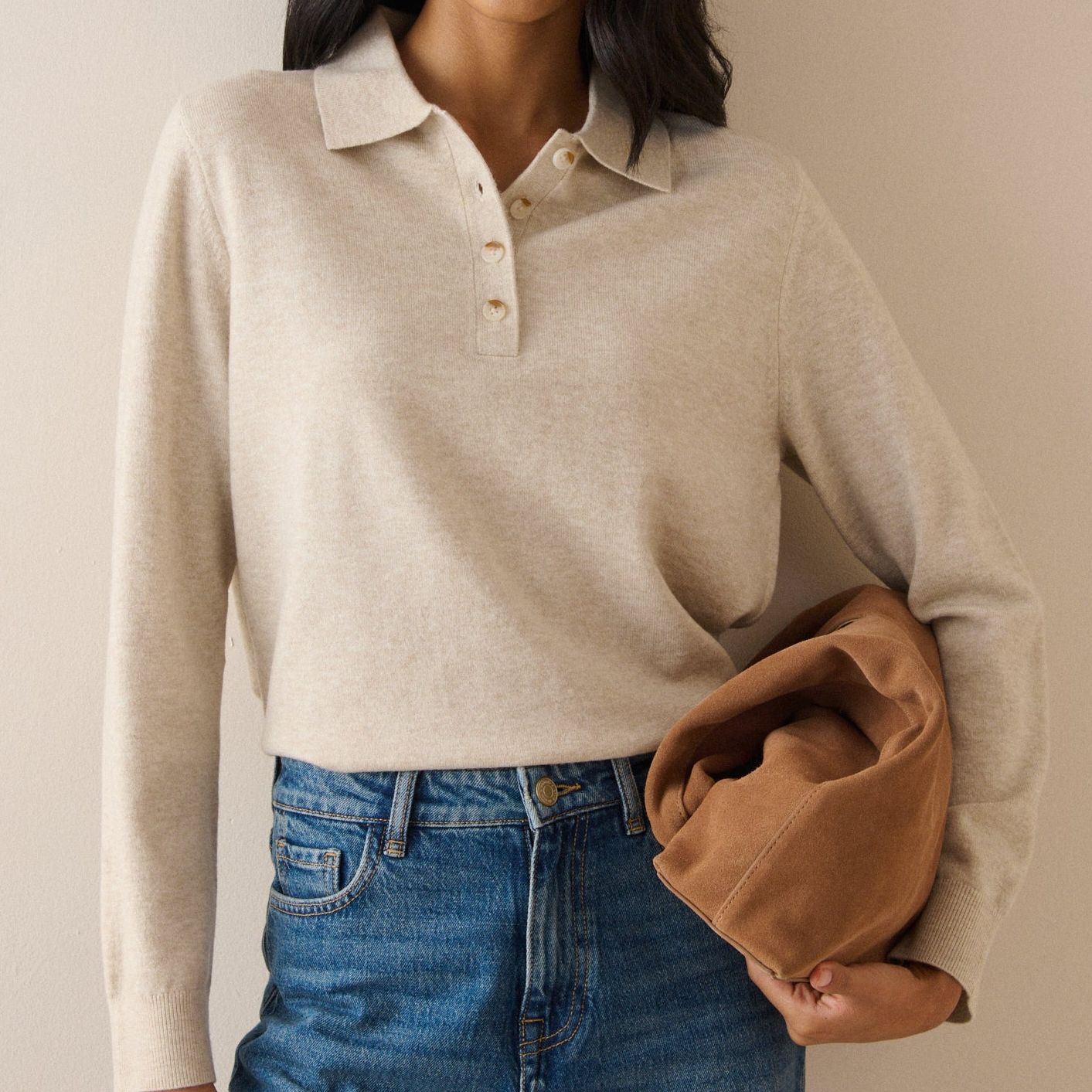 Cream Marl Knitted Polo Top