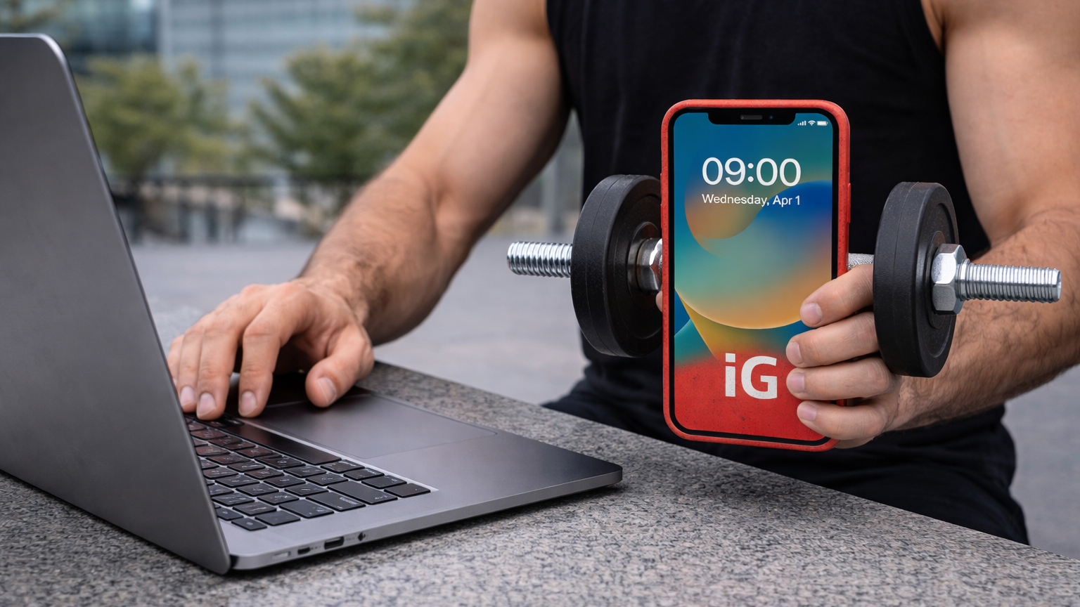 A phone case with a dumbbell attached