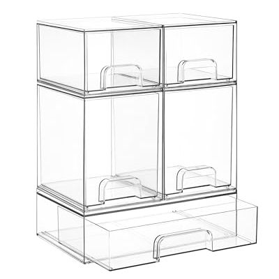 Vtopmart Stackable Storage Drawers Set of 5, Clear Plastic Organizer Bins for Baby Bottle, Beauty Supplies Storage, Ideal for Kichen Countertop, Vanity, Bathroom, Cabinet, Pantry Organization