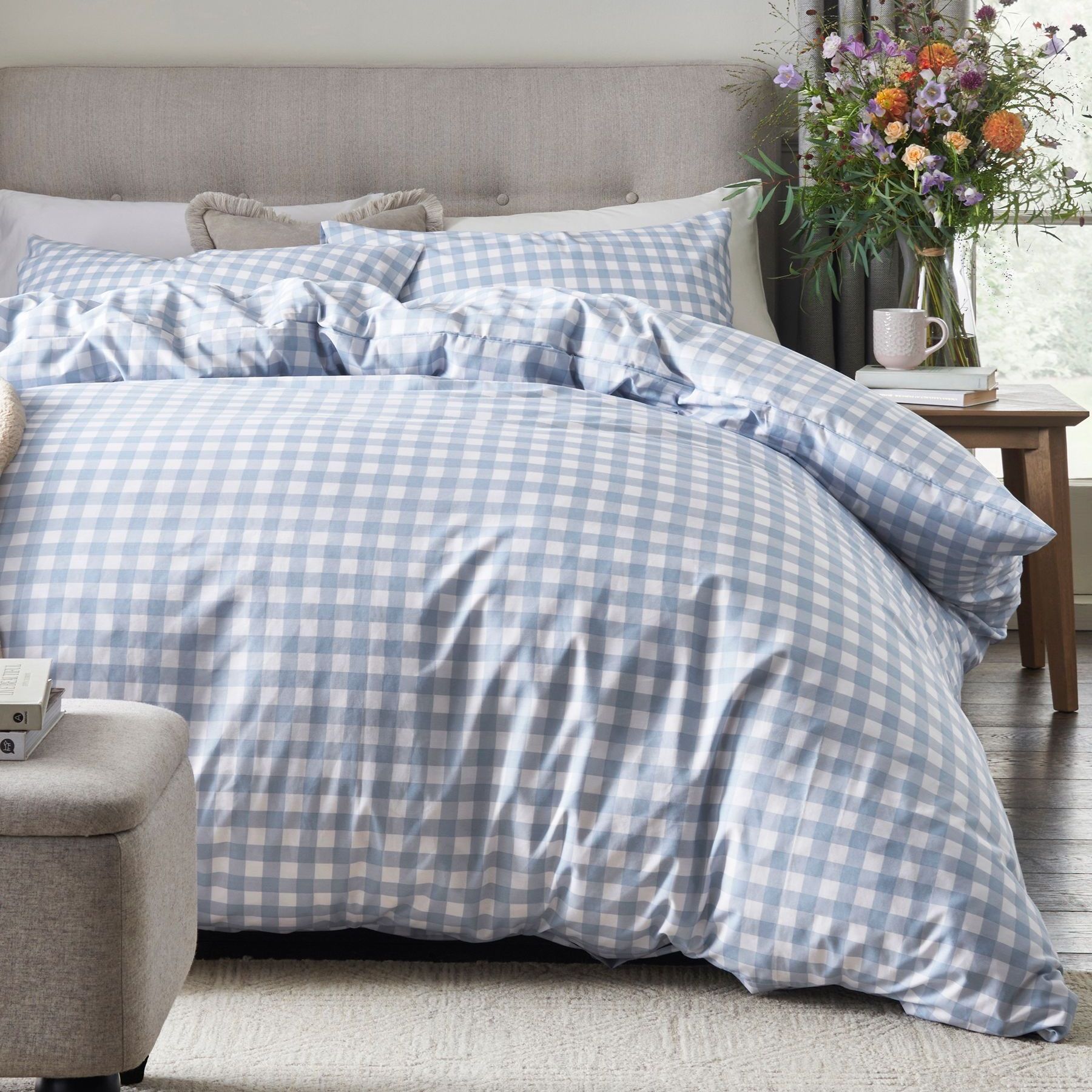 Blue Gingham Reversible Duvet Cover and Pillowcase Set