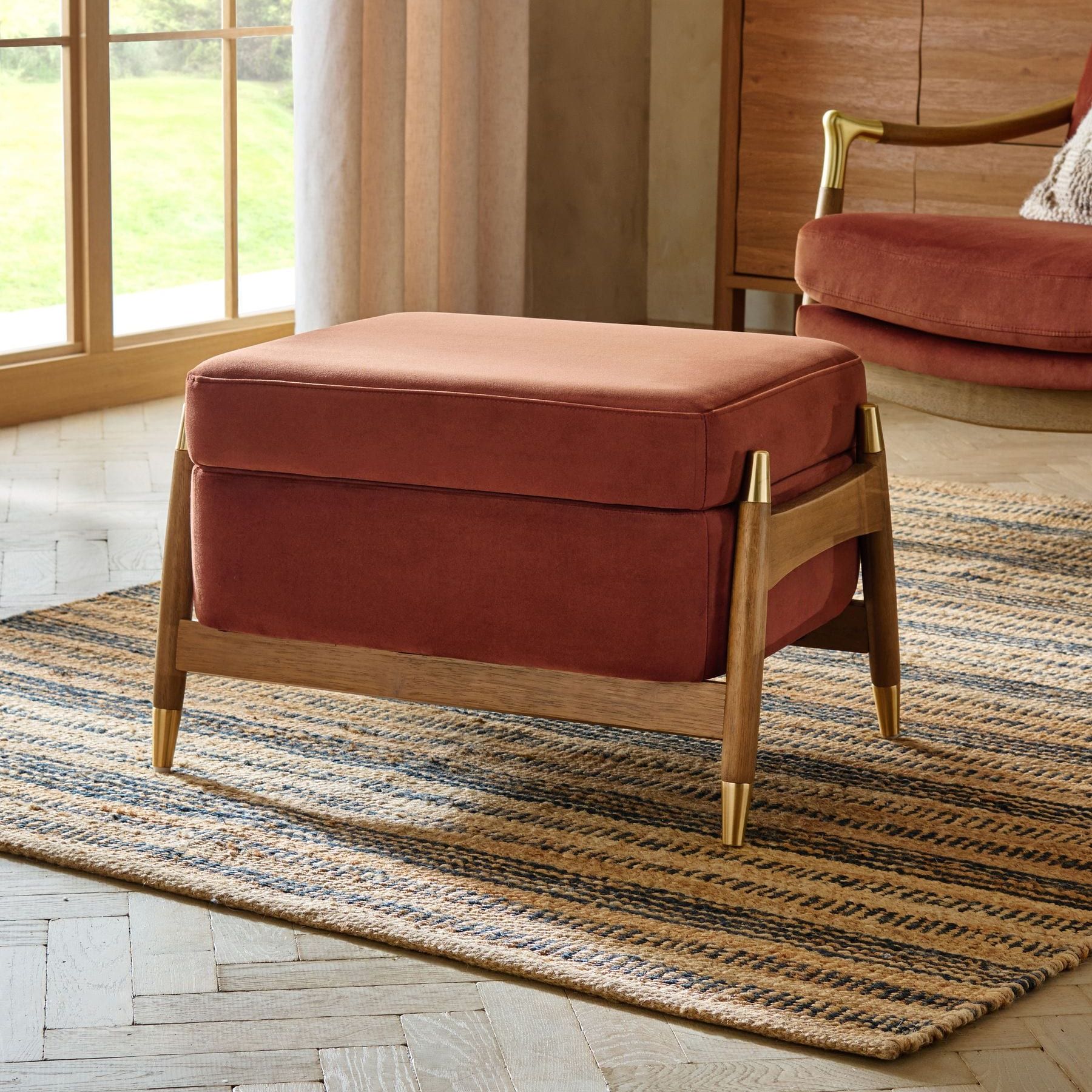 Soft Velvet Rust Brown Flinton Small Wooden Storage Footstool - Size One