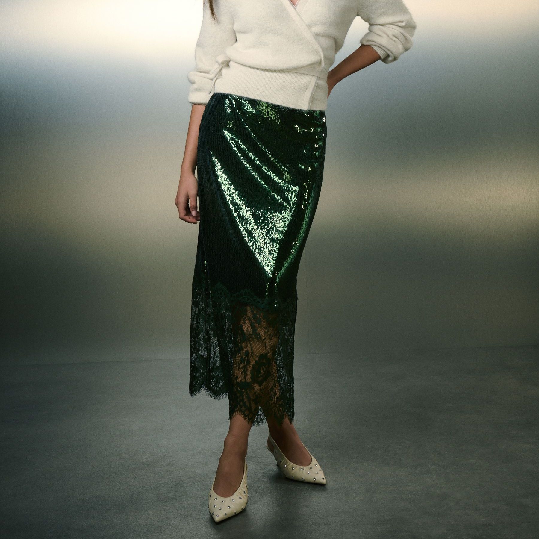 Green Sequin Midi Skirt With Lace Trim