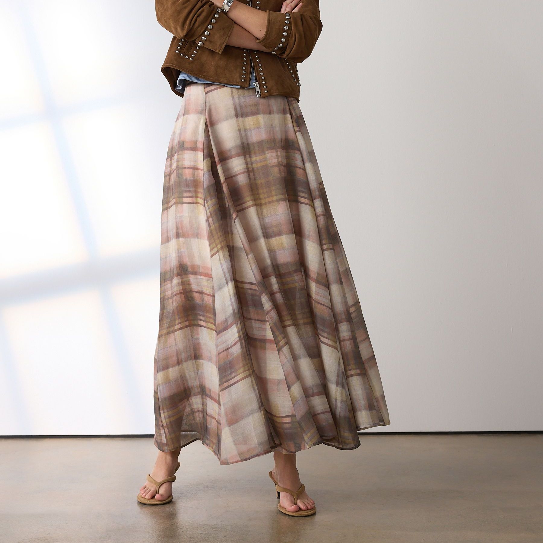 Neutral/pink Check Godet Maxi Skirt
