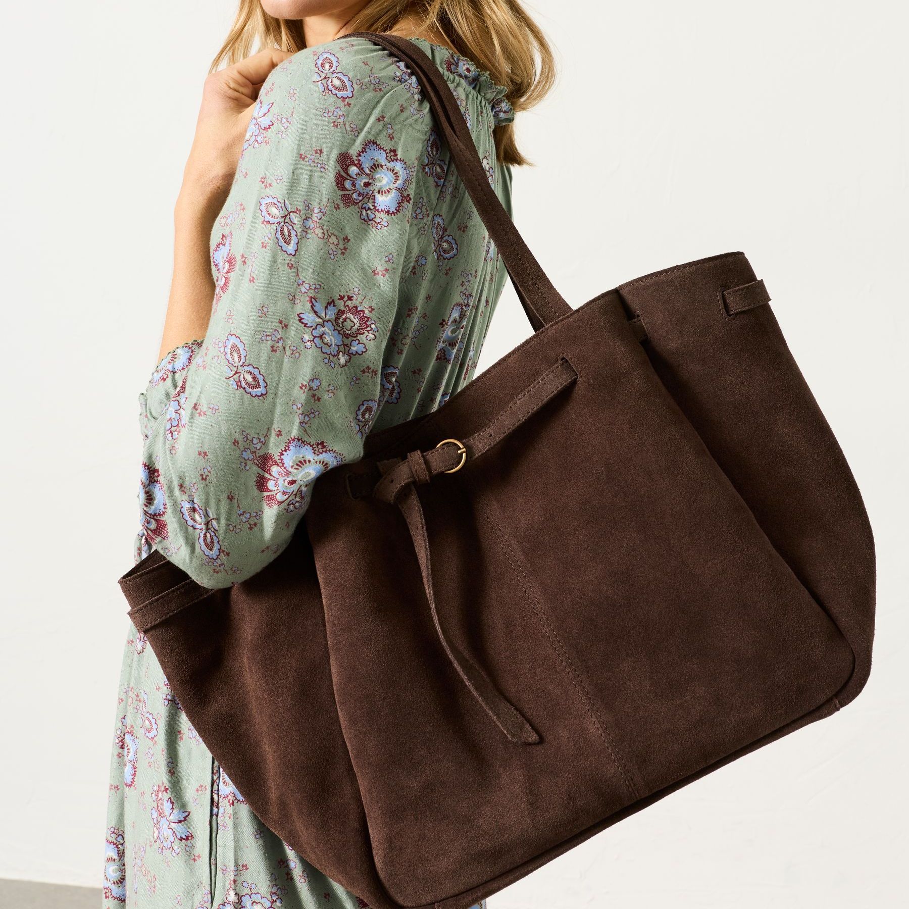 Chocolate Brown Suede Buckle Tote Bag