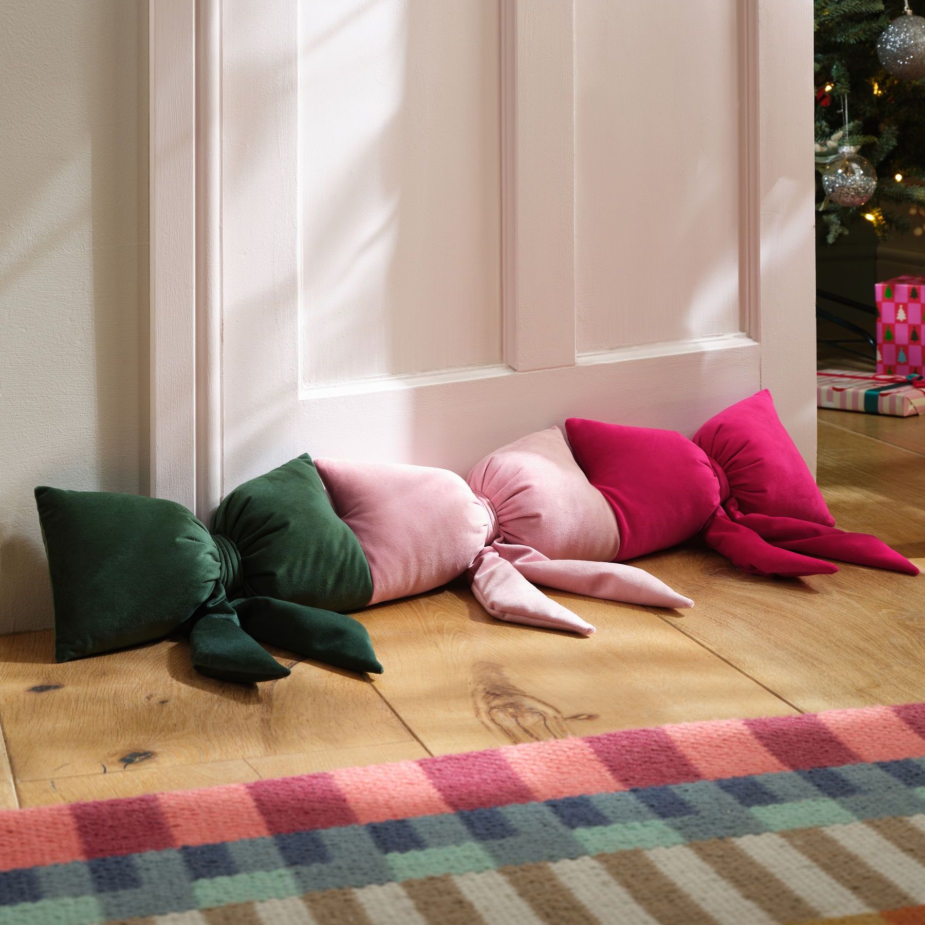 Pink/green Christmas Velvet Bows Draught Excluder