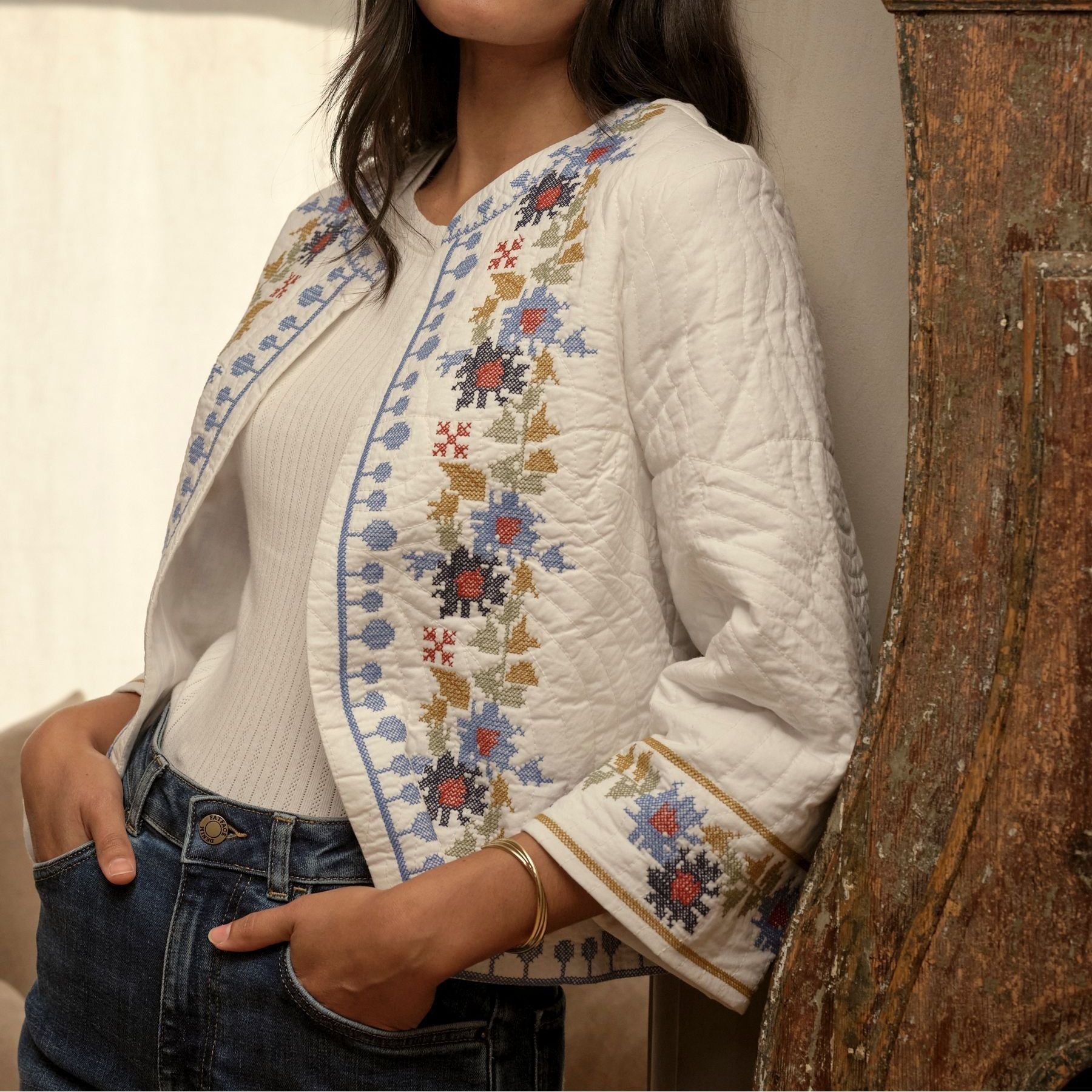White Regular Embroidered Jacket