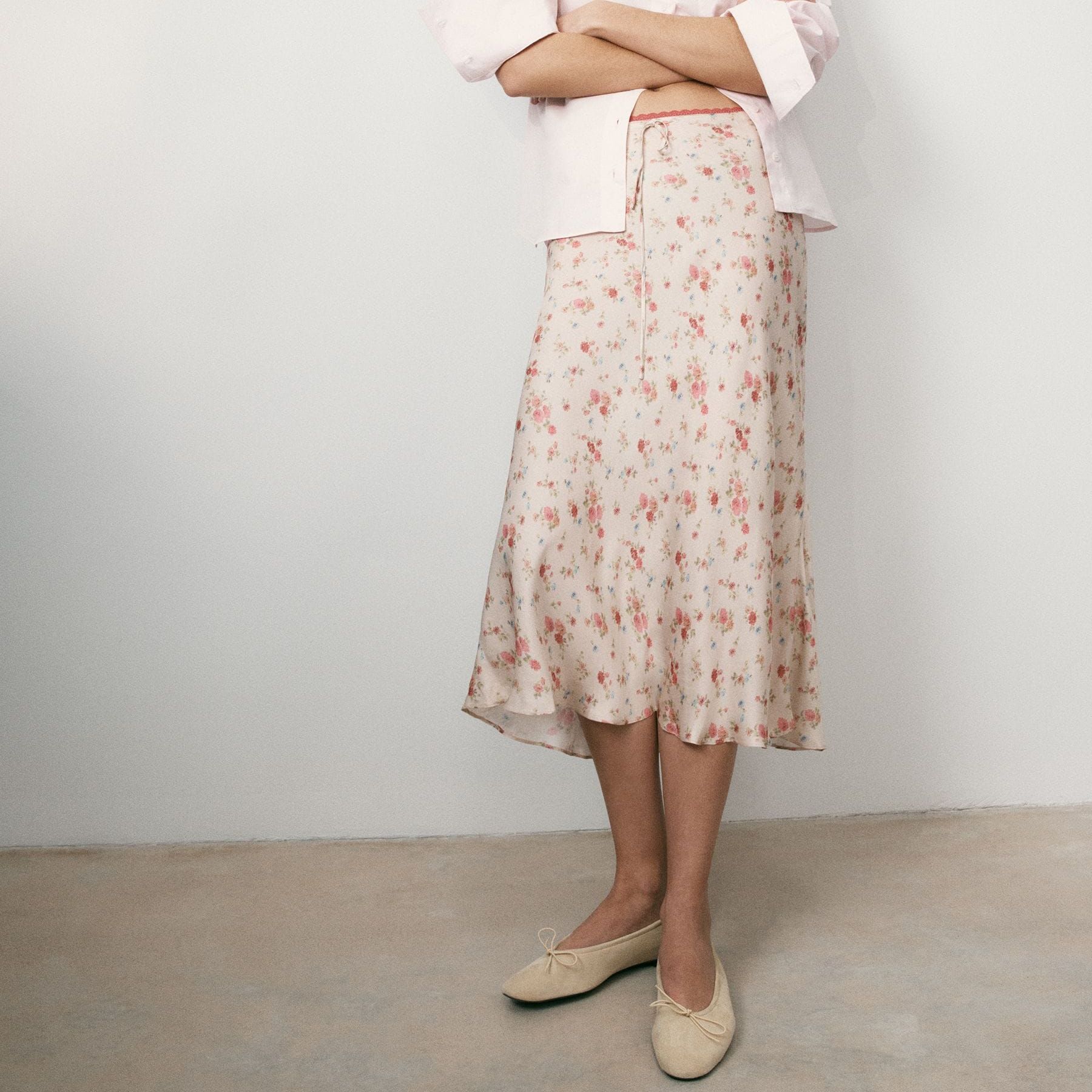 Bhoem Cream Satin Micro Flower Print Midi Skirt