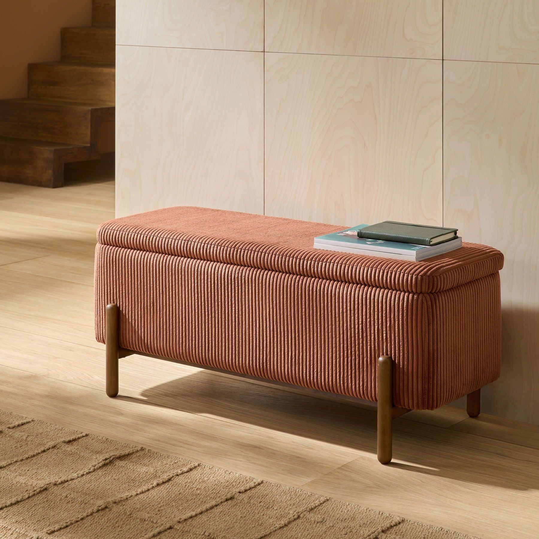 Asare Storage Ottoman Bench in Nutmeg Orange Corduroy