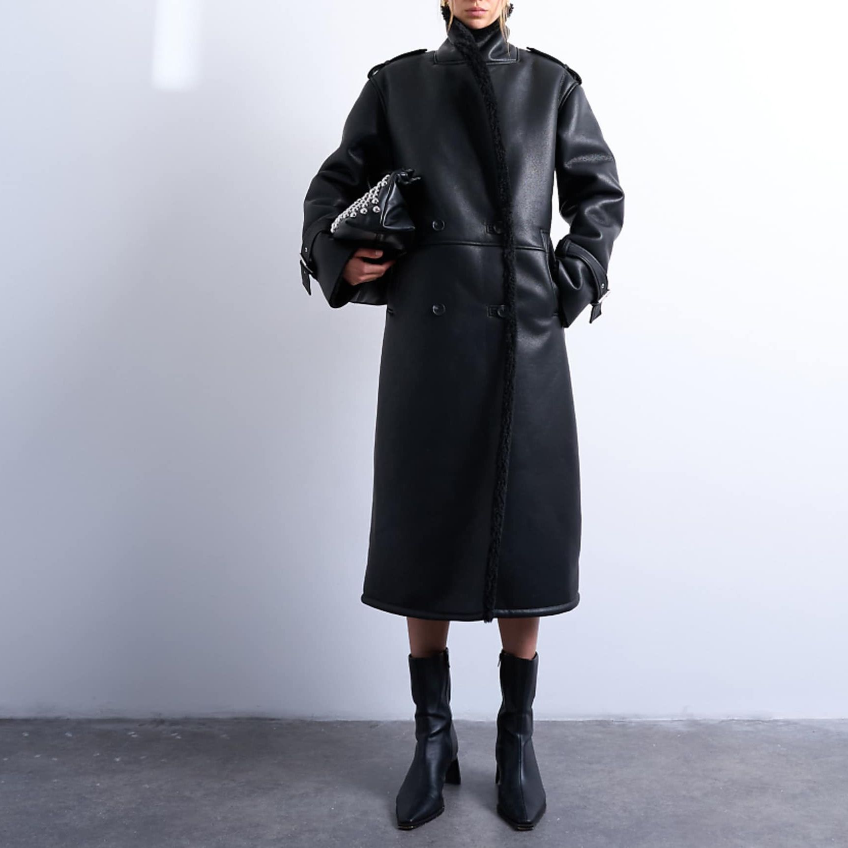 Topshop Longline Funnel Oversized Aviator Borg Coat in Black