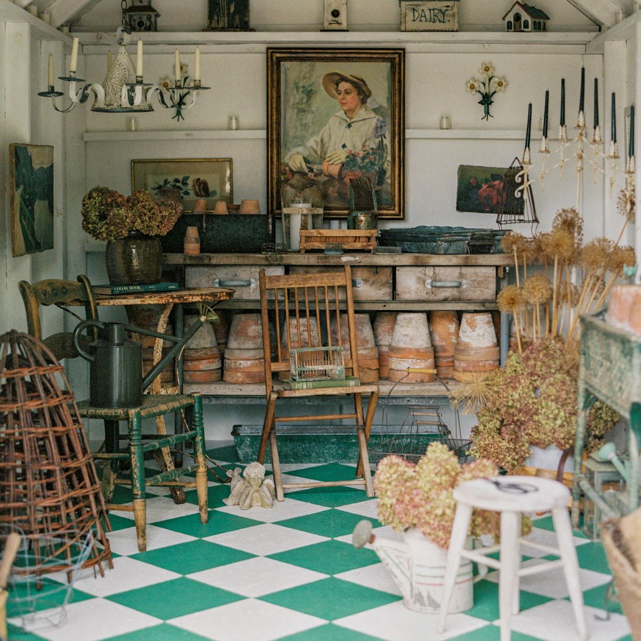 Image of a potting shed filled with vintage decor and pots