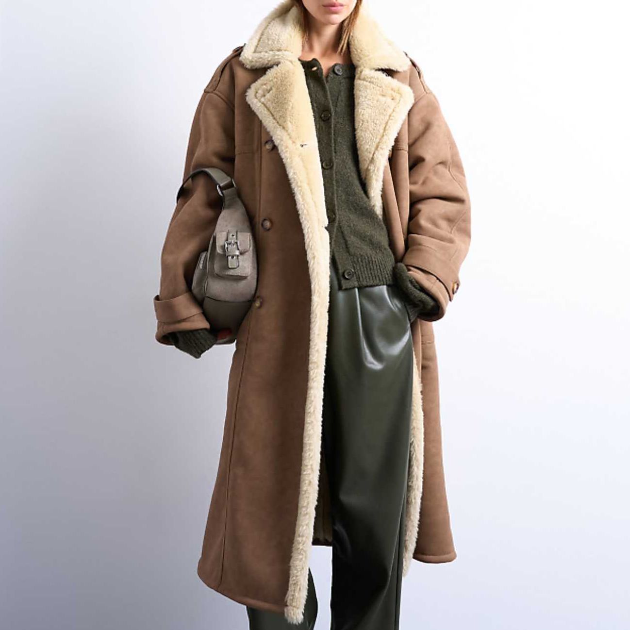 Topshop Formal Longline Shearling Coat in Brown and Cream