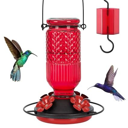 Feed Garden Glass Hummingbird Feeder for Outdoors Hanging, 16 Oz Humming Birds Feeders With 4 Bee Guard Feeding Ports &amp;amp; Built-In Ant Moat, Bird Feeder for Outside, Gifts for Women Mom, Red