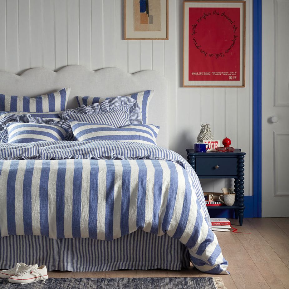 Cobalt Cora Stripe 100% Linen Duvet Cover