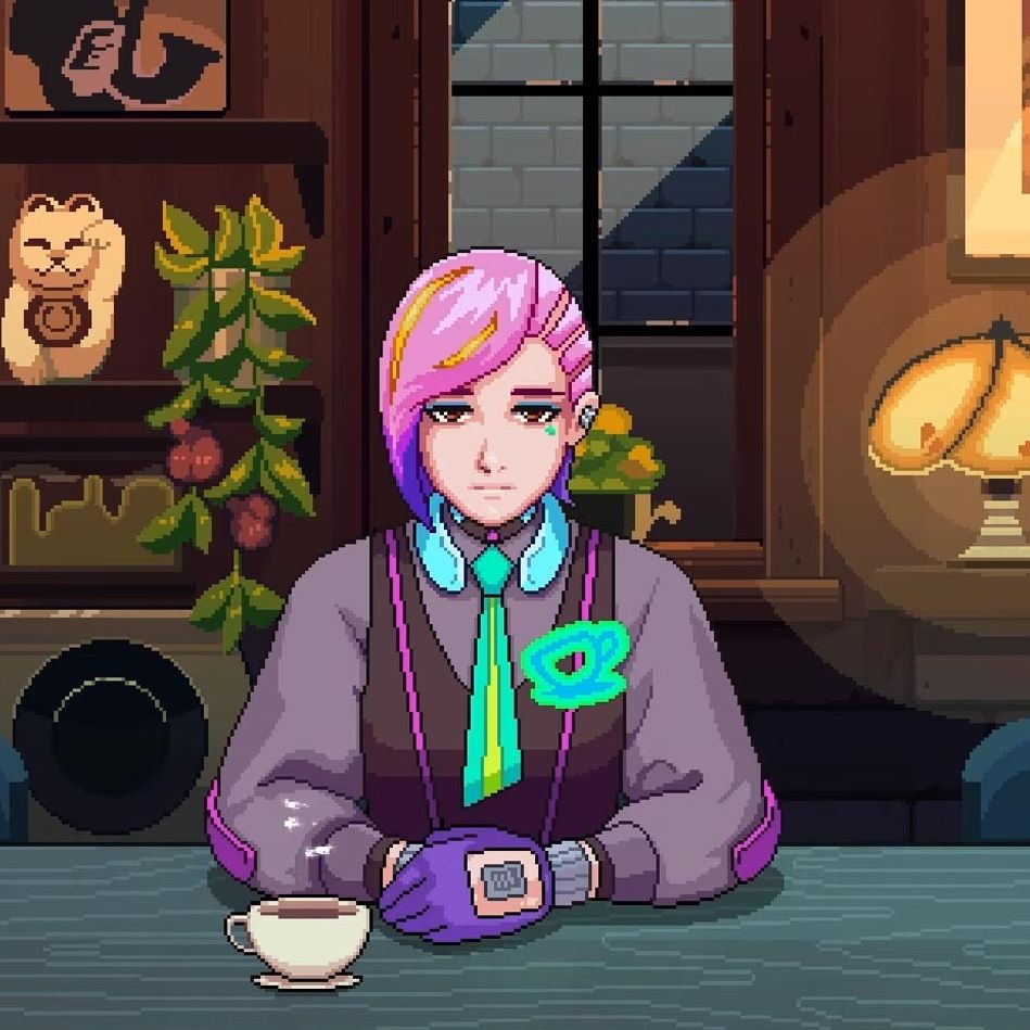 One of the Coffee Talk Tokyo characters with pink hair sitting at the bar