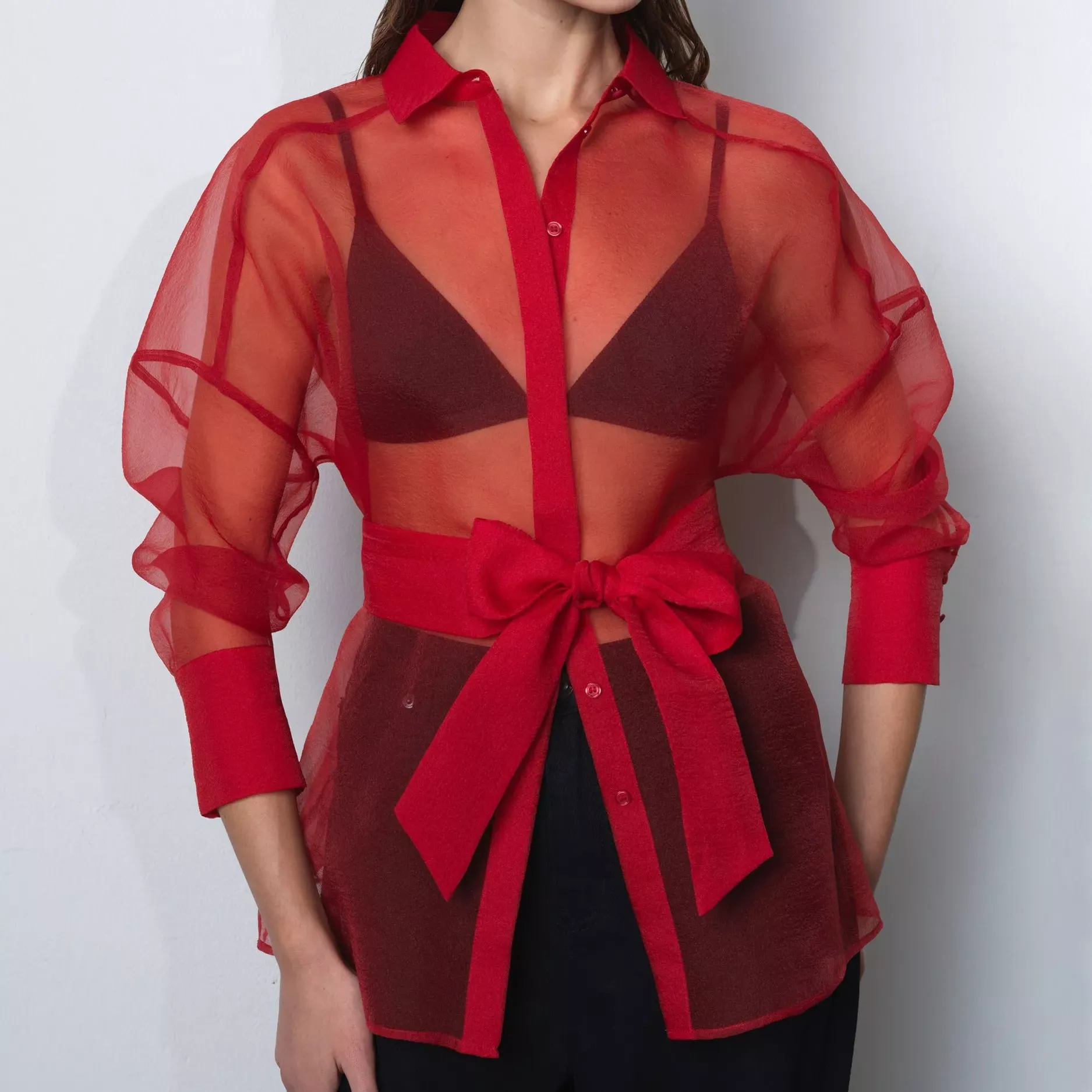 French Connection Mai Organza Tie Waist Shirt, Lipstick Red