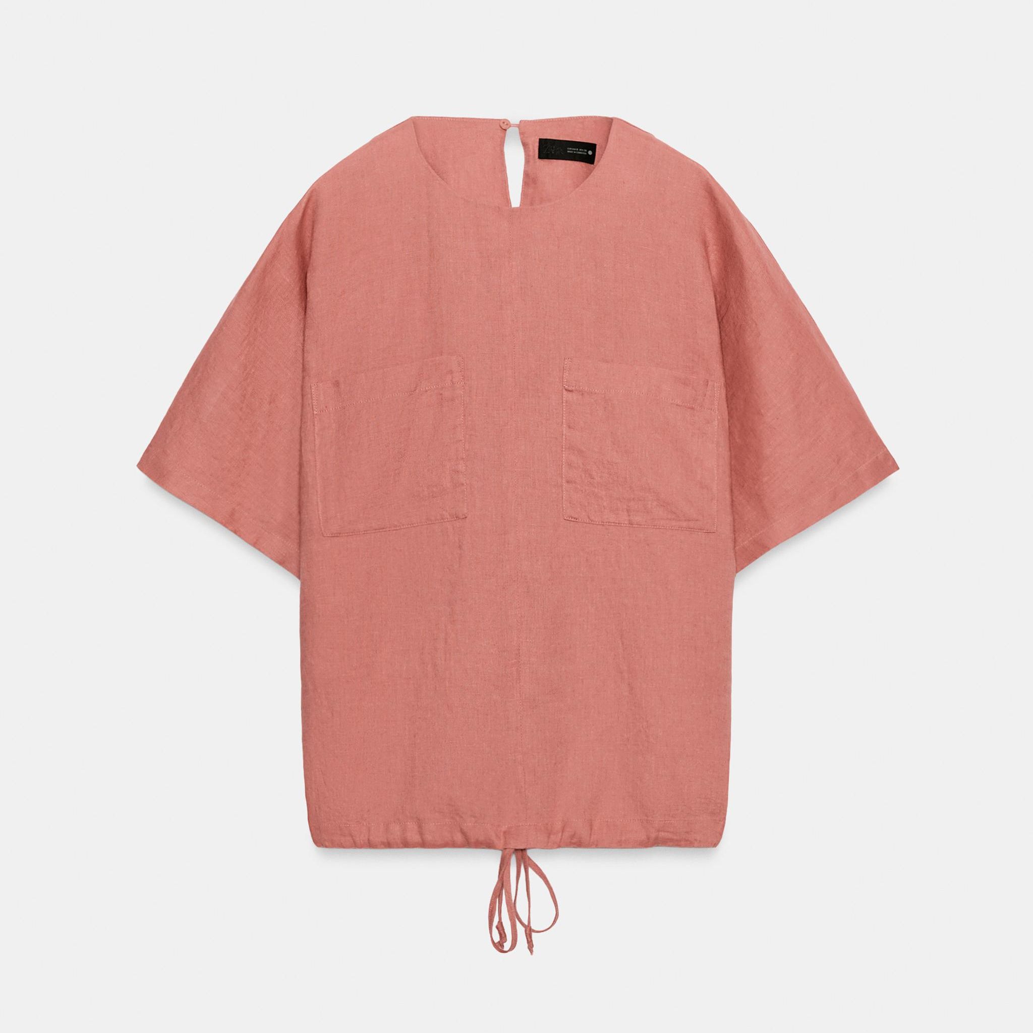 Zw Collection 100% Linen Top With Drawstrings - Coral - Xs