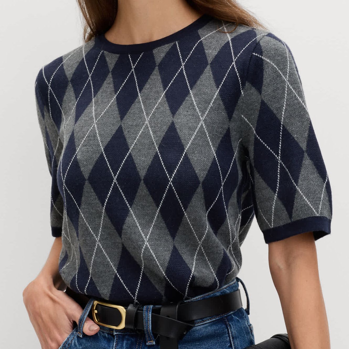 Argyle Crew Neck Slim Fit Knitted Top