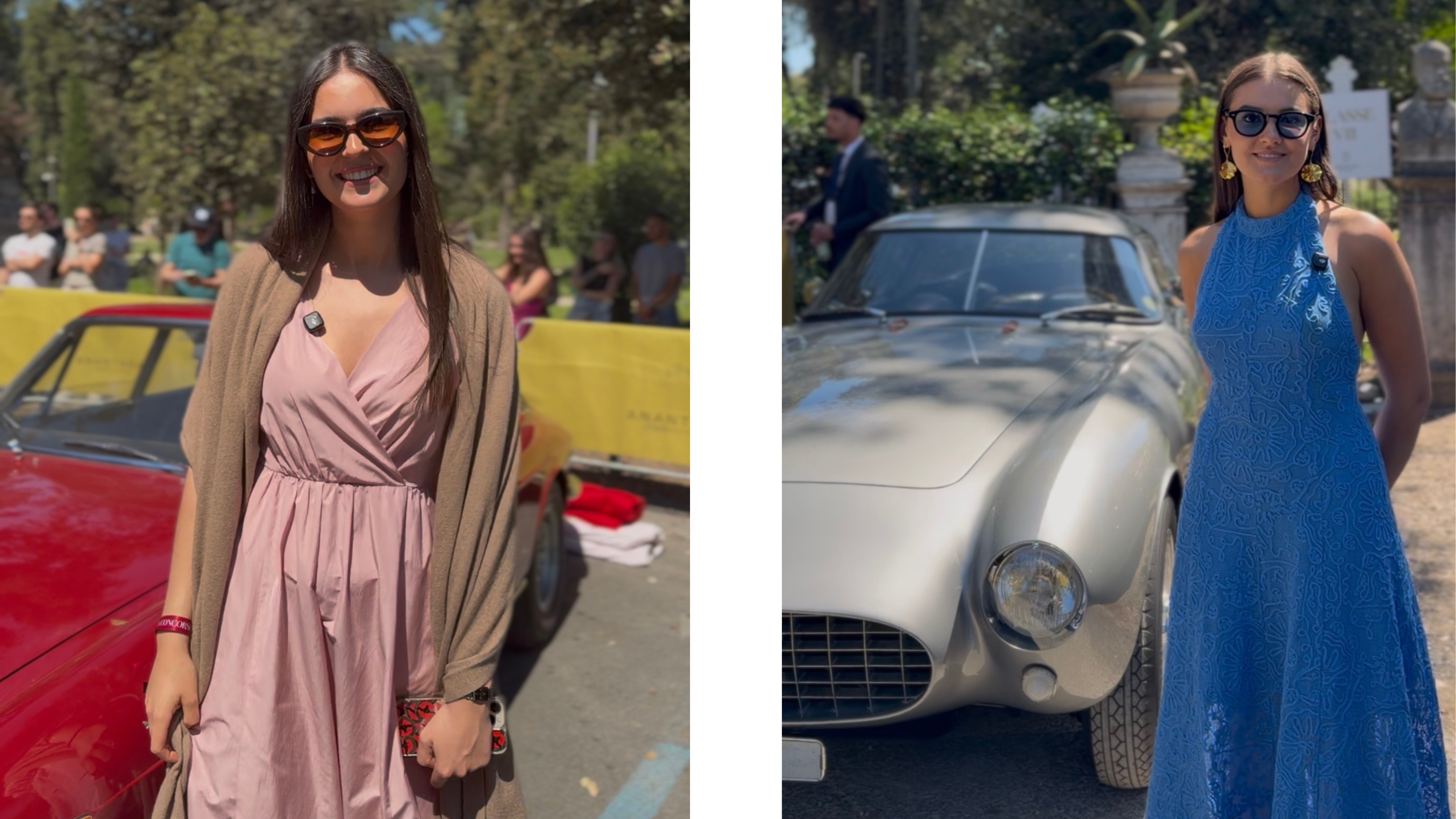 Two young attendees pose beside classic cars at Anantara Concorso Roma, highlighting the growing interest of a new generation in historic and collector automobiles.