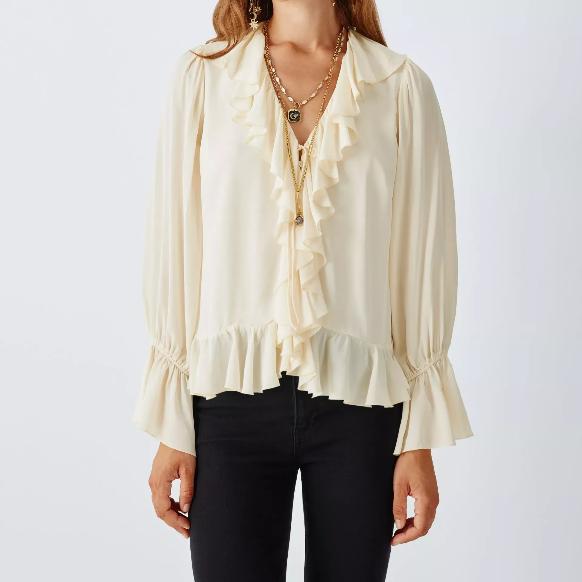 John Lewis X Rixo Tracye Ruffle Detail Blouse, Ivory