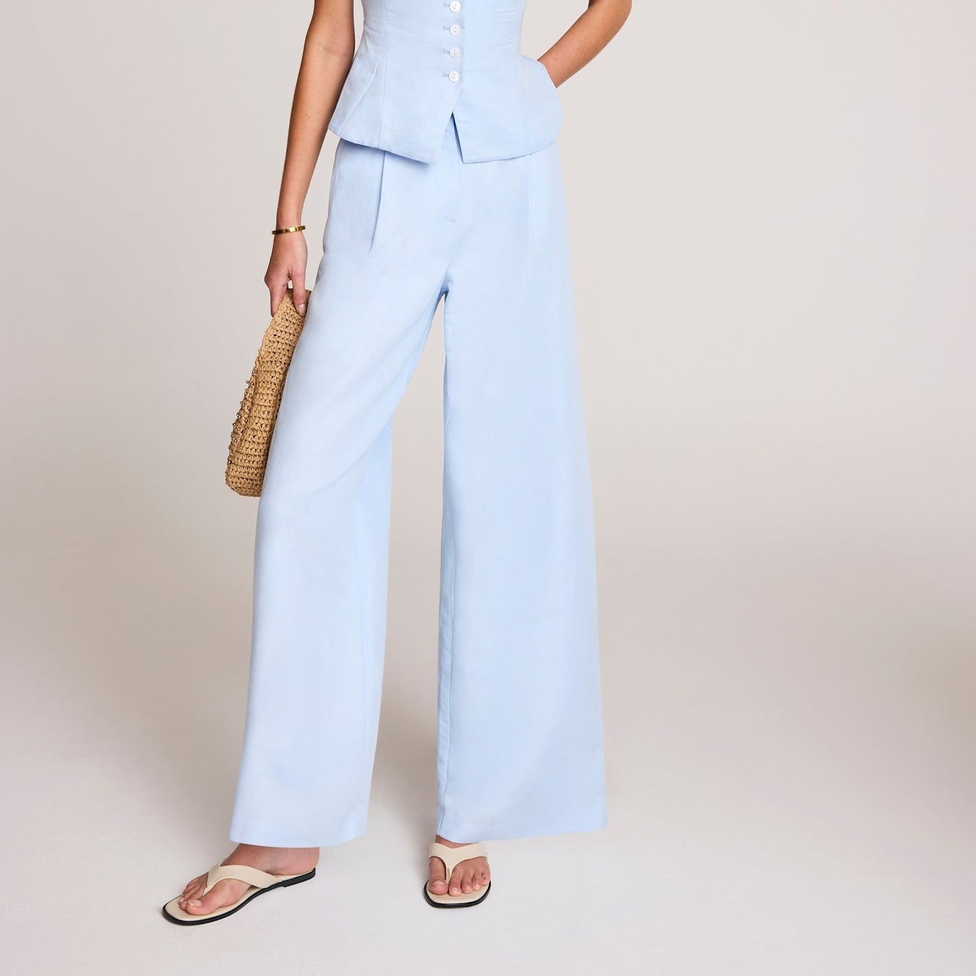 Blue Linen Blend Wide Leg Trousers