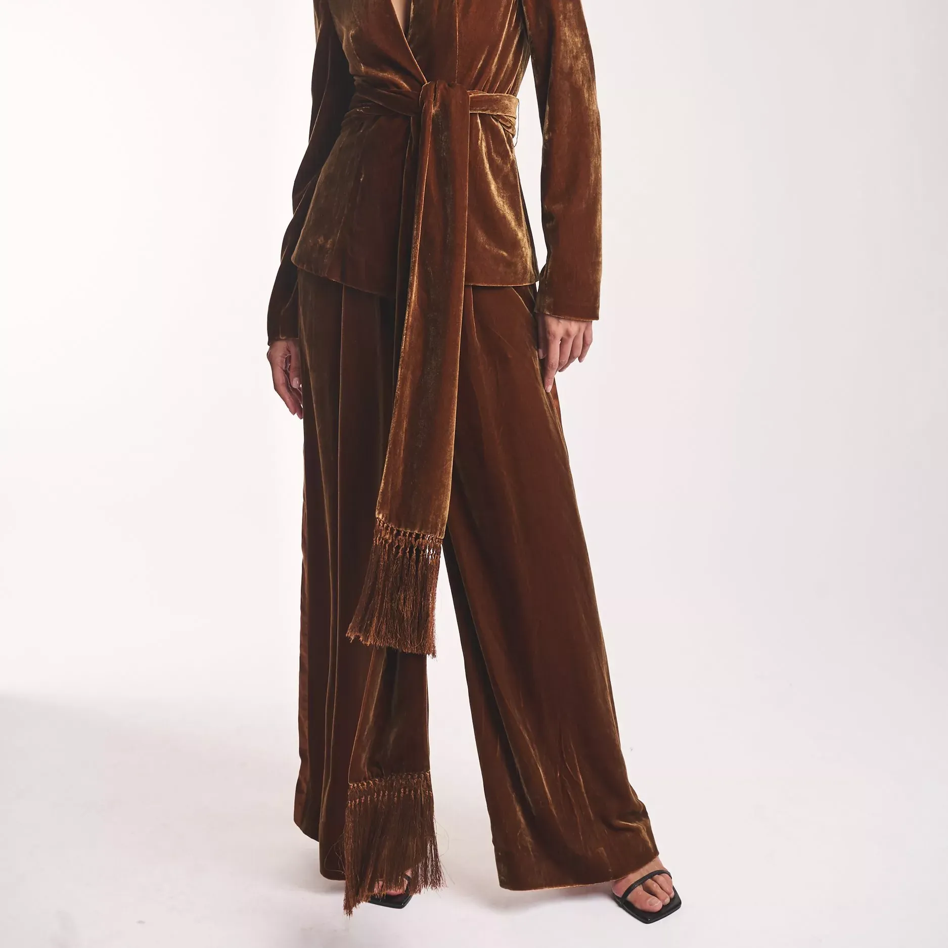 Amanda Wakeley Wide Leg Front Pleat Velvet Trousers, Bronze