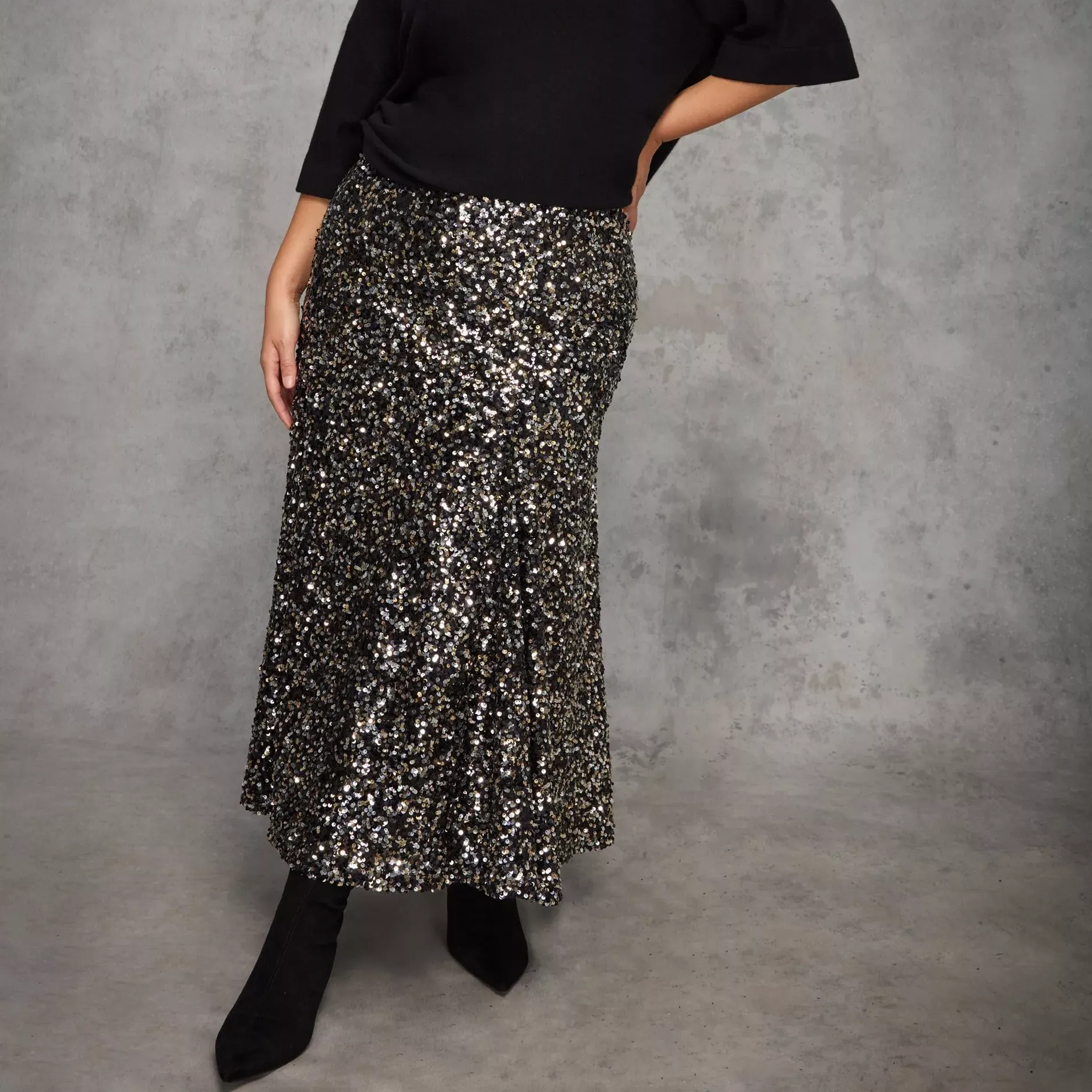 Live Unlimited Curve Sequin Flared Midaxi Skirt, Black