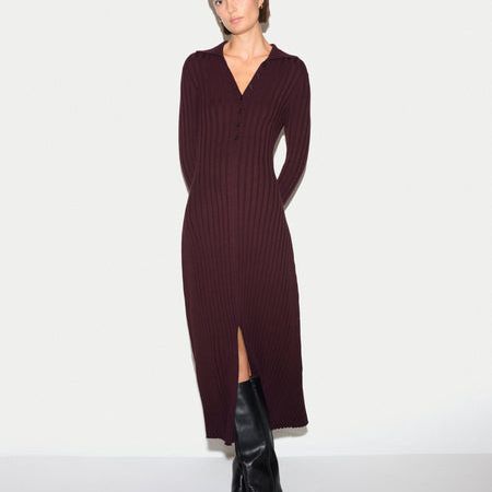 Ribbed Polo Collar Knitted Dress | Burgundy